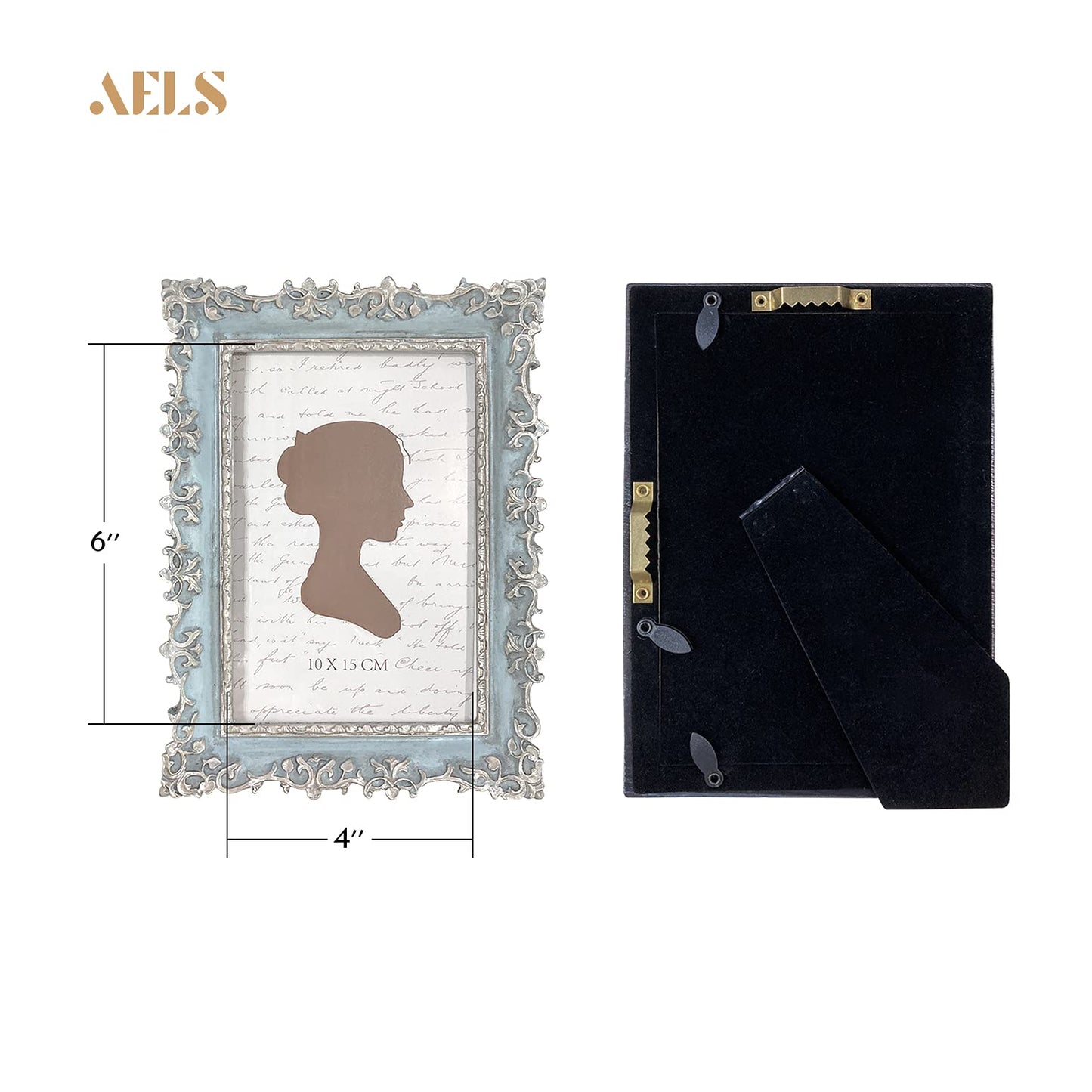 AELS 4x6 Inch Vintage Picture Frame, Elegant Antique Photo Frames with Glass Front, Photo Display, Tabletop Wall Hanging, Gift Ideas, Vine Pattern, Silver & Light Blue