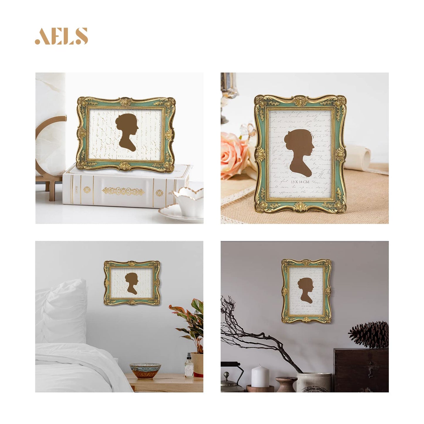 AELS 4x6 Inch Vintage Picture Frame, Elegant Antique Photo Frames with Glass Front, Photo Display, Tabletop Wall Hanging, Gift Ideas, Gold and Green