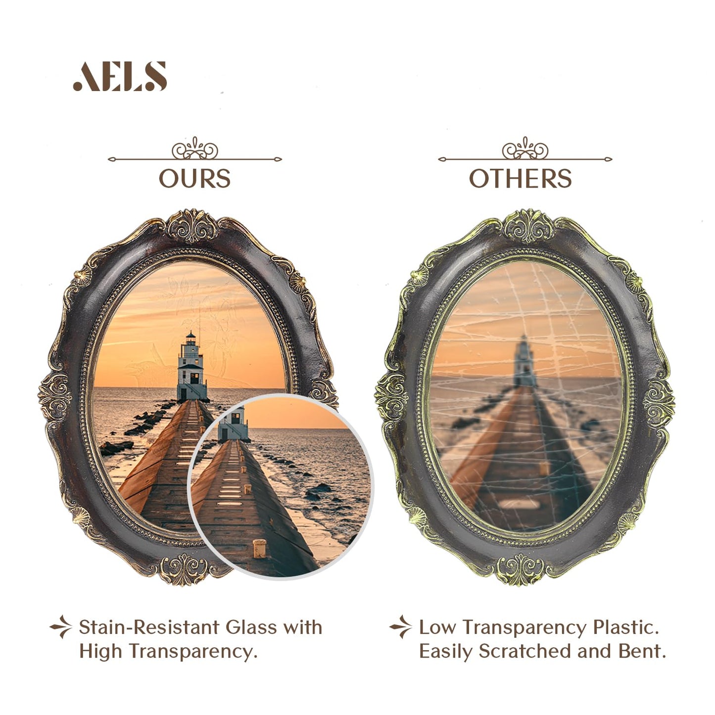 AELS 4x6 Inch Vintage Picture Frame, Elegant Antique Photo Frames with Glass Front, Photo Display, Tabletop Wall Hanging, Gift Ideas, Oval