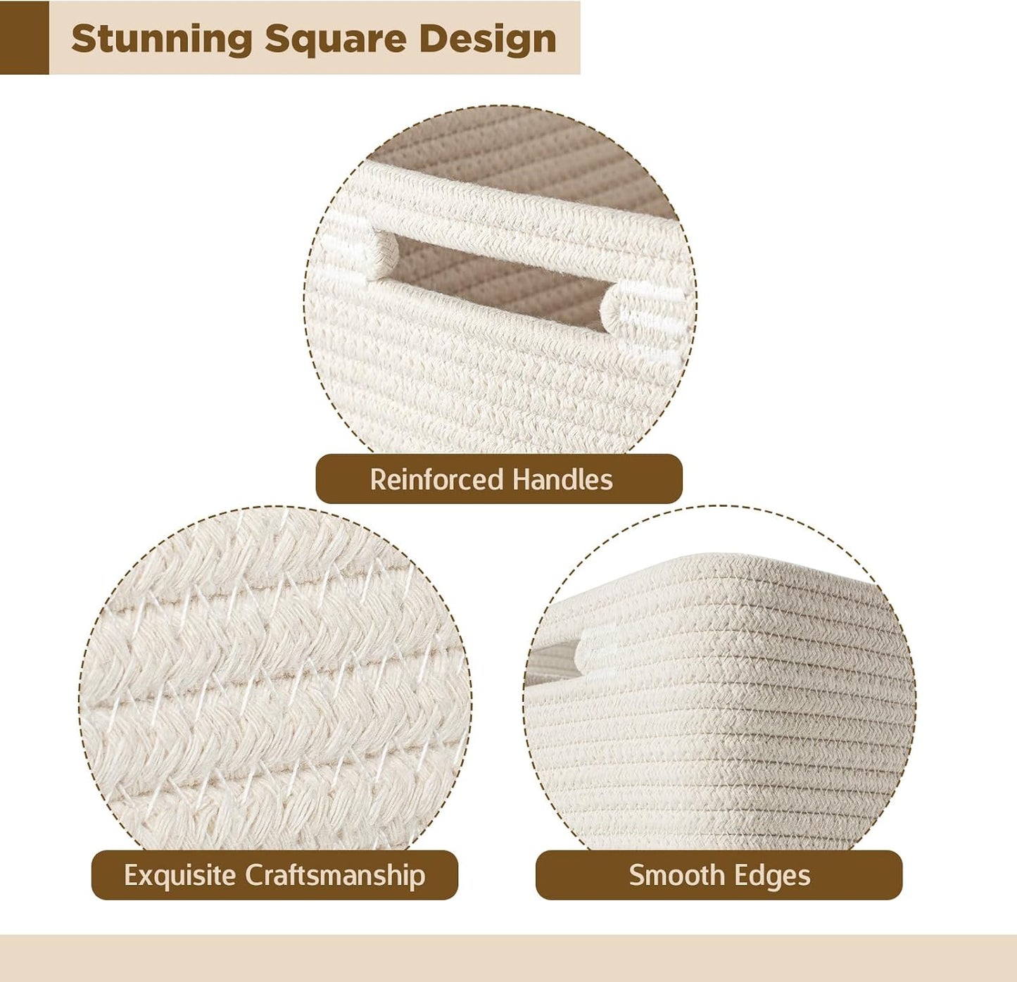 Hand Woven Cotton Basket for Storage, Cube Storage Bins with Handles, Foldable Collapsible Closet Organizers and Storage, Boho Farmhouse Storage Cubes for Shelves, Beige
