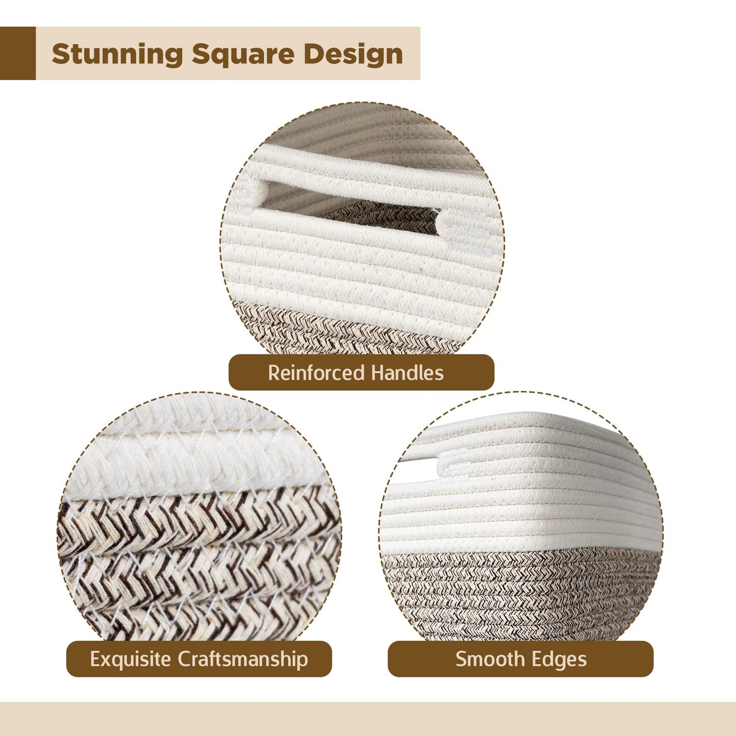 Hand Woven Cotton Basket for Storage, Cube Storage Bins with Handles, Foldable Collapsible Closet Organizers and Storage, Boho Farmhouse Storage Cubes for Shelves, Beige