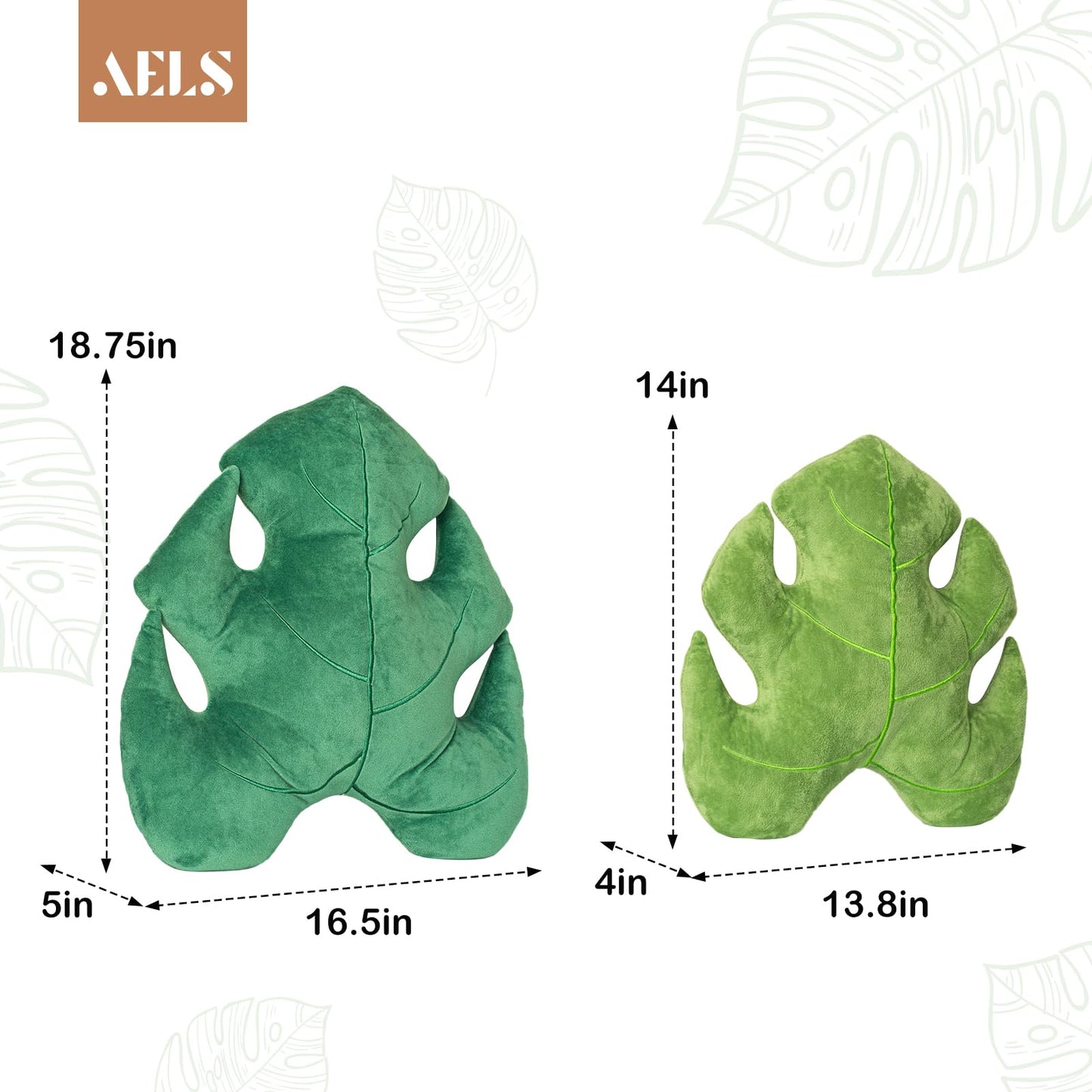 AELS Set of 2 3D Leaves Decorative Throw Pillows, 18"& 14" Monstera Deliciosa Plush Pillow Set for Plant Lovers Garden Lovers, Living Room Bedroom Nursery Decor, Bluish Green & Light Green