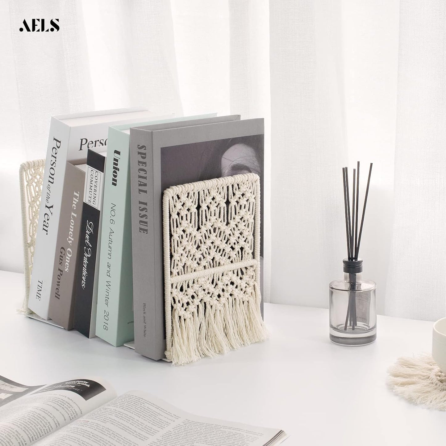 Boho Macrame Bookends, Heavy Duty Metal Book Ends, Decorative Unique Bookend Supports for Shelves, Stopper for Books/Movies/CD, Farmhouse Decoration,Thanksgiving for Friends