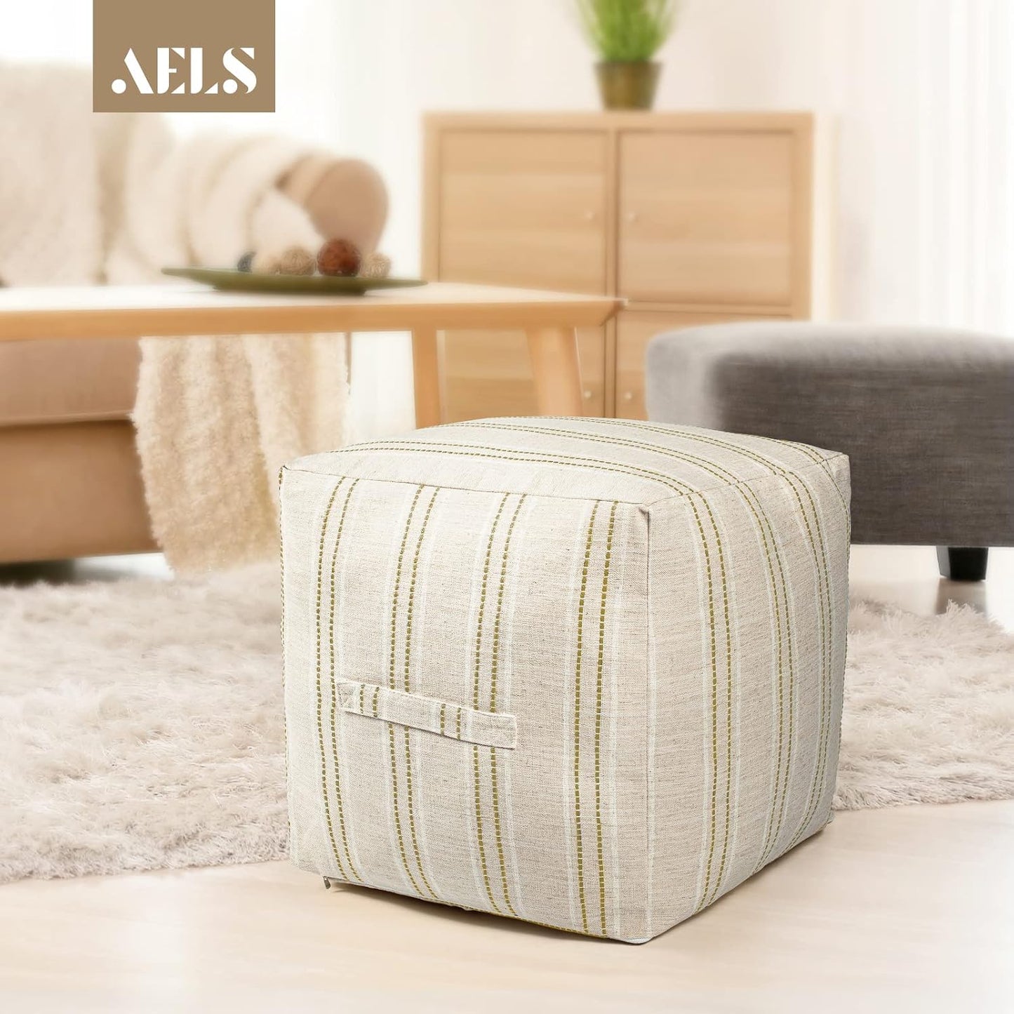 Unstuffed Farmhouse Pouf Cover for Living Room, Boho Storage Bean Bag Cubes, Beige with Brown Stitch Yarn Dyed Stripe Square Ottoman Pouf Foot Rest Footstool, 18"x18"x18", Cover ONLY