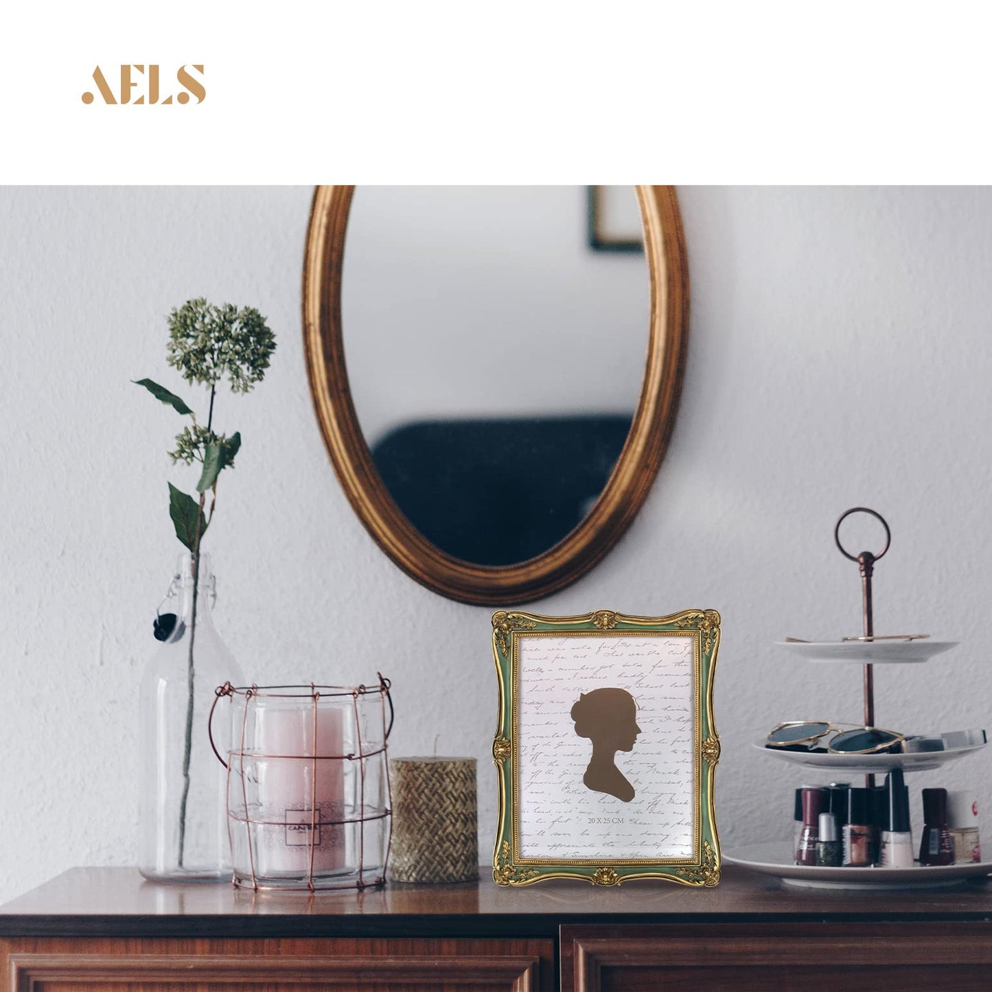 AELS 4x6 Inch Vintage Picture Frame, Elegant Antique Photo Frames with Glass Front, Photo Display, Tabletop Wall Hanging, Gift Ideas, Gold and Green