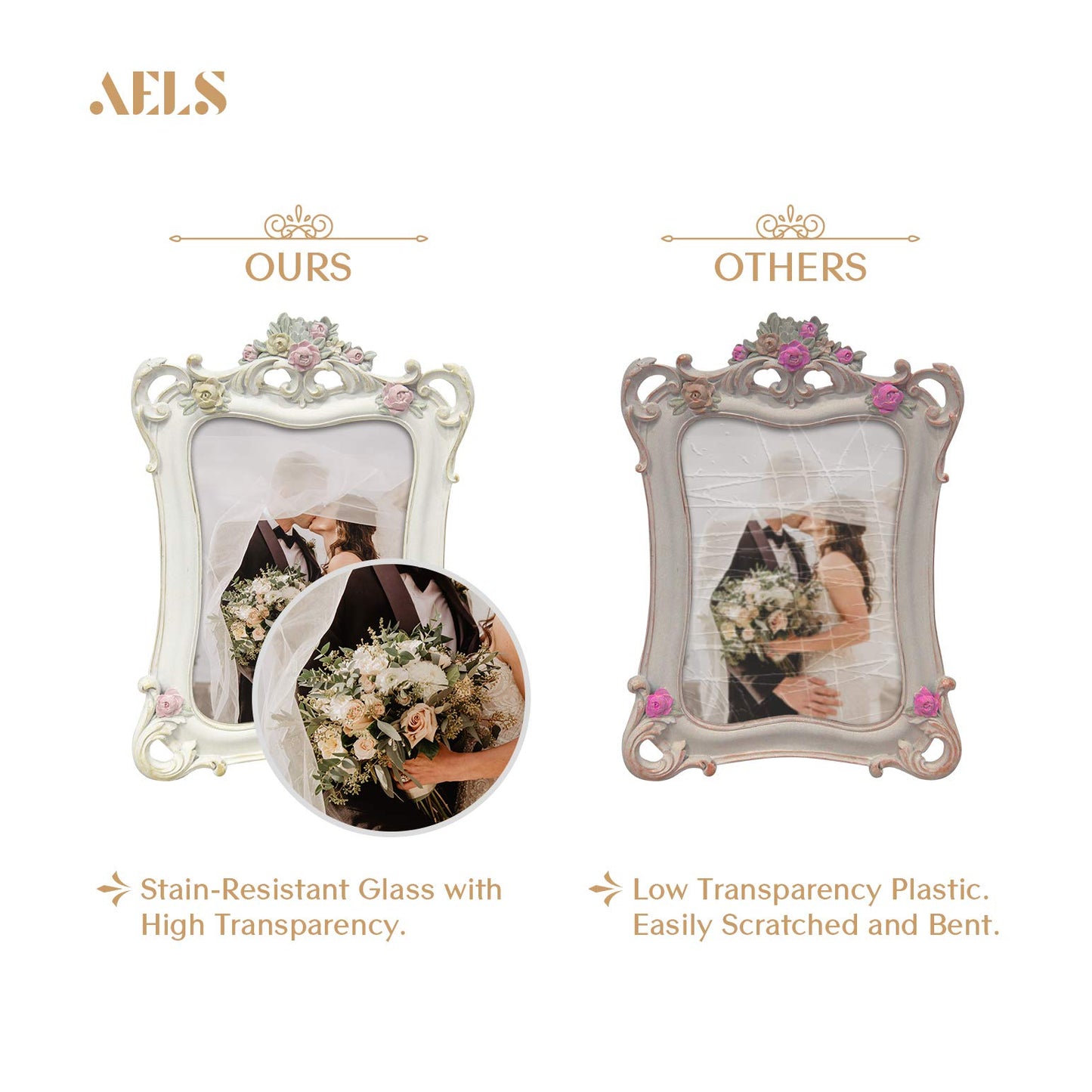 AELS 5x7 Inch Vintage Picture Frame, Elegant Antique Photo Frames with Glass Front, Photo Display, Tabletop Wall Hanging, Gift Ideas, White Rose with Vines