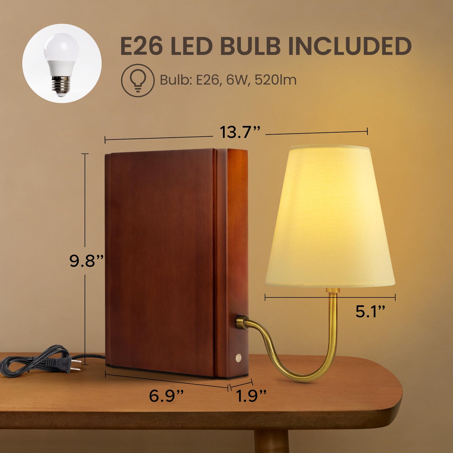 AELS Wooden Bookshelf Lamp with Bulb, Cordless Touch Dimmable Table Lamp with Linen Fabric Shade, Battery Operated, Modern Decorative Bookend, Book Sconce for Office Home Bedroom Bookshelf, Natural