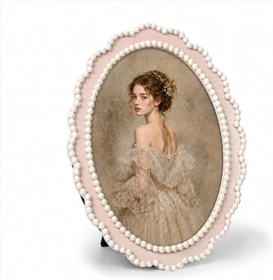 AELS 5x7 Pink Coquette Vintage Oval Picture Frame with Pearl Beaded Trim | Romantic Resin Photo Frame with Glass Front, Feminine Bedroom Decor, Dresser Styling, Shabby Chic, French Cottage Style