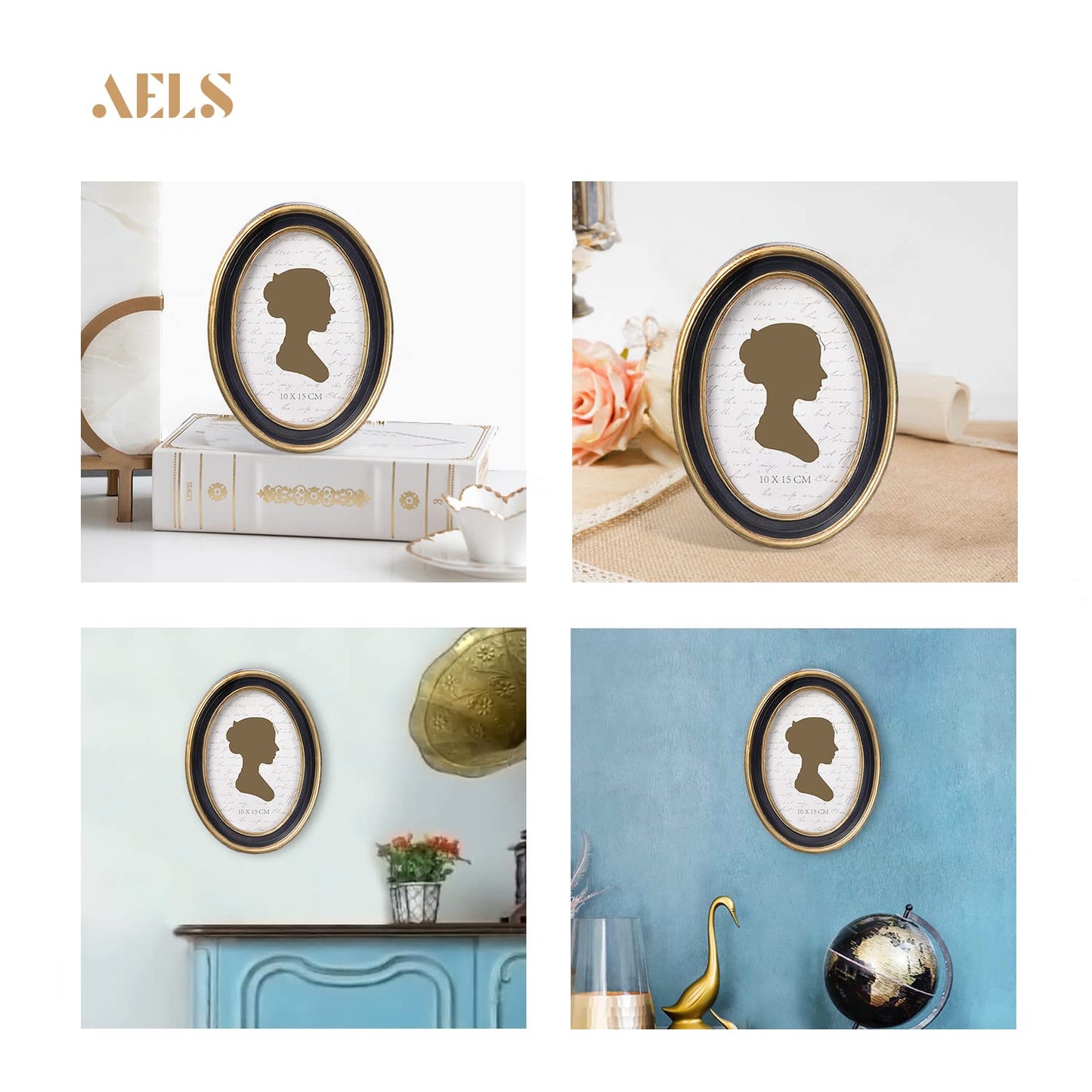AELS 2.5x3.5 Inch Small Wallet Size Vintage Picture Frame, Elegant Antique Mini Photo Frames with Glass Front, Photo Display, Tabletop Wall Hanging, Gift Ideas, Black Oval with Gold Trim