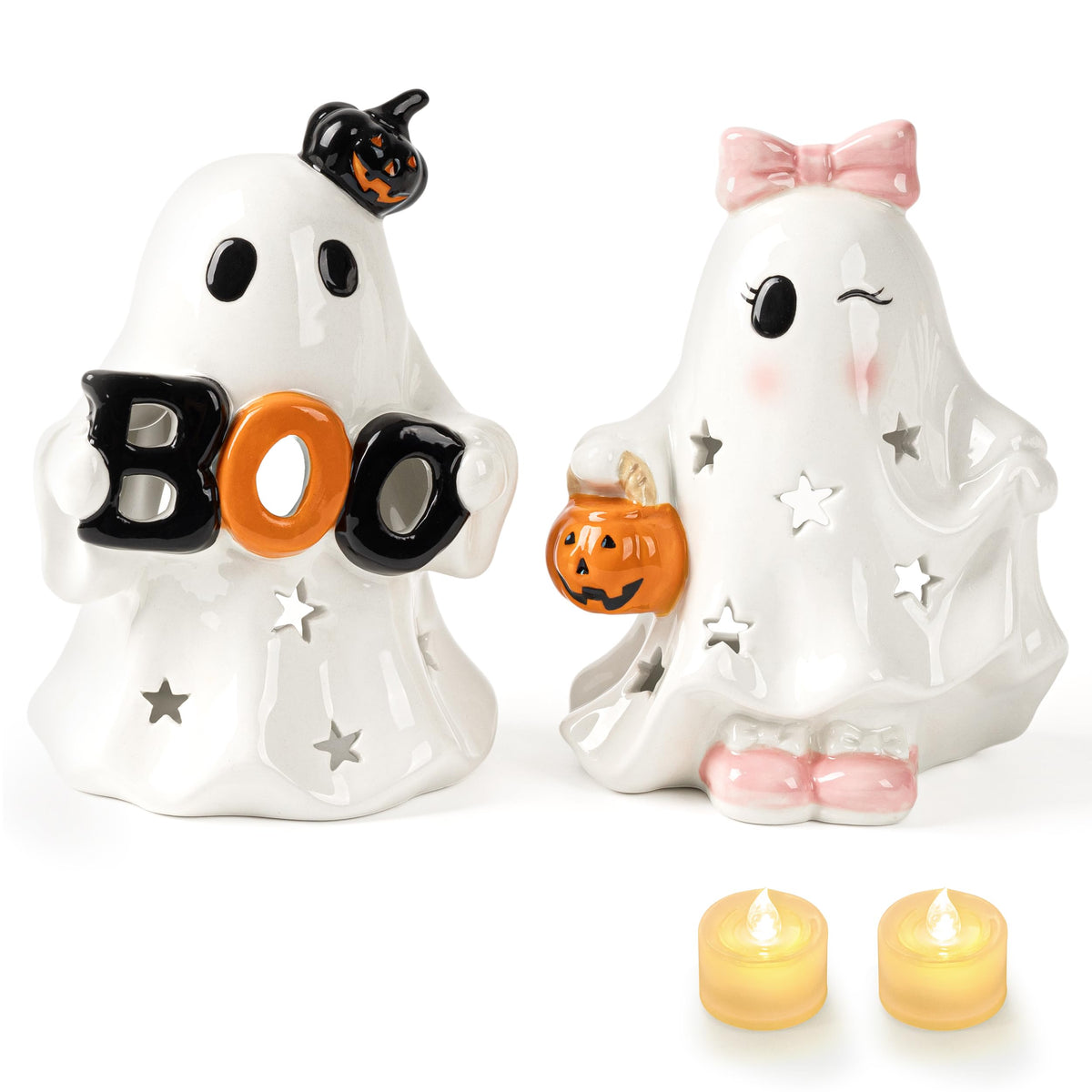 AELS Ceramic Ghost Candle Holder Set of 3, Halloween Tea Light Decor