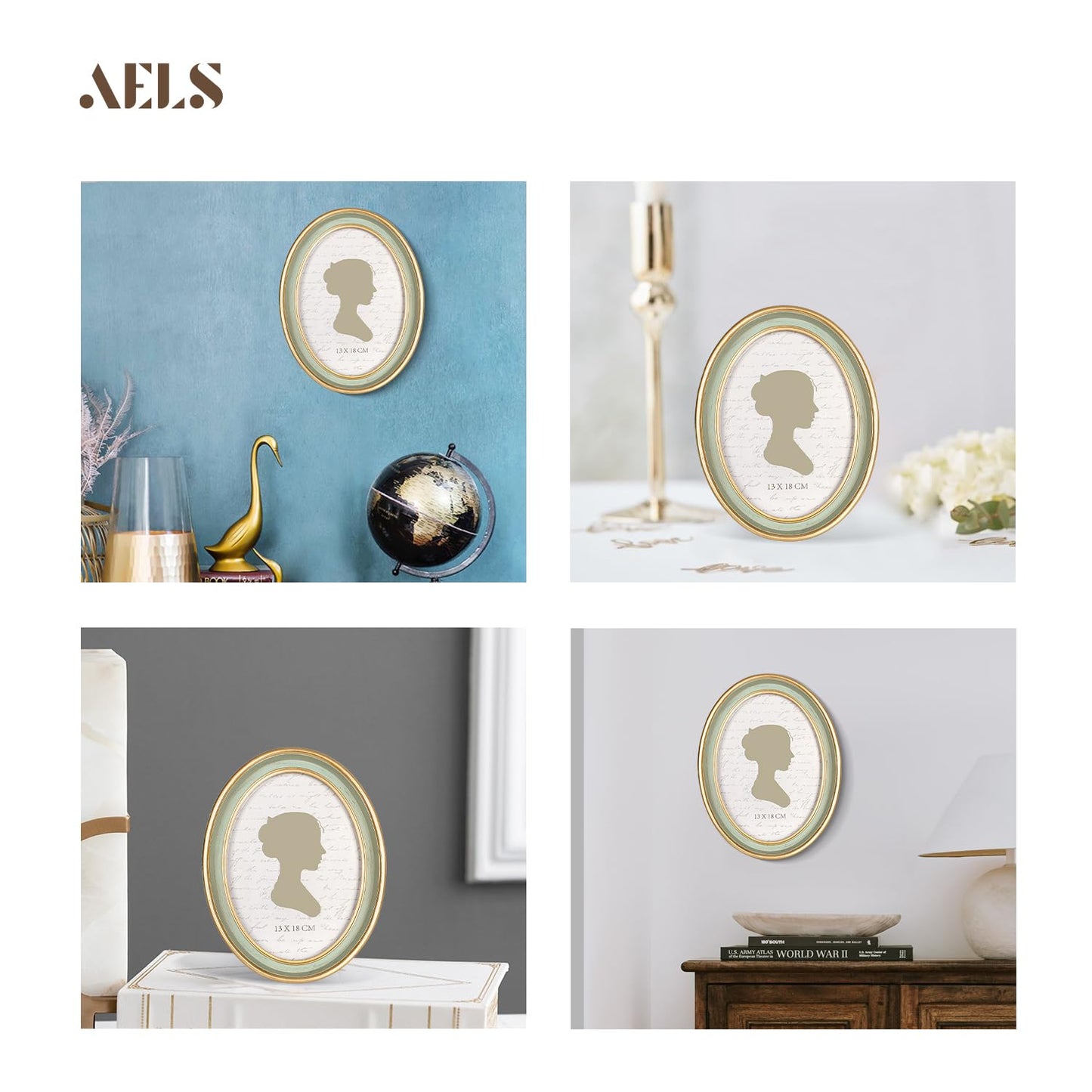 AELS 2.5x3.5 Inch Small Wallet Size Vintage Picture Frame, Elegant Antique Mini Photo Frames with Glass Front, Photo Display, Tabletop Wall Hanging, Gift Ideas, Black Oval with Gold Trim