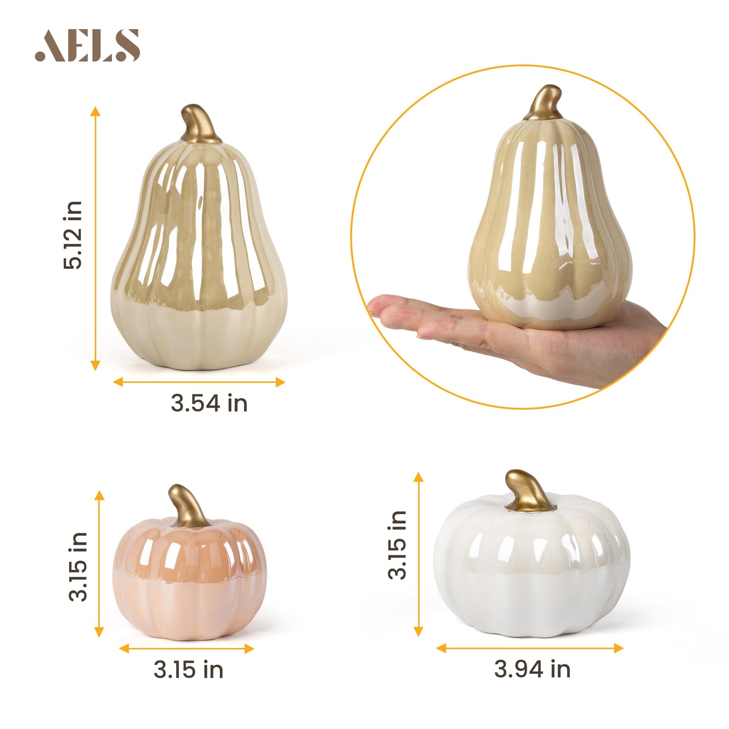 AELS 5.9" Tall Modern Farmhouse Pumpkins Fall Decor Indoor, Set of 2 Elegant Tabletop Decorations, Resin Artificial Pumpkins Decor for Fall Table Runner, Office, Holiday Party Home, White