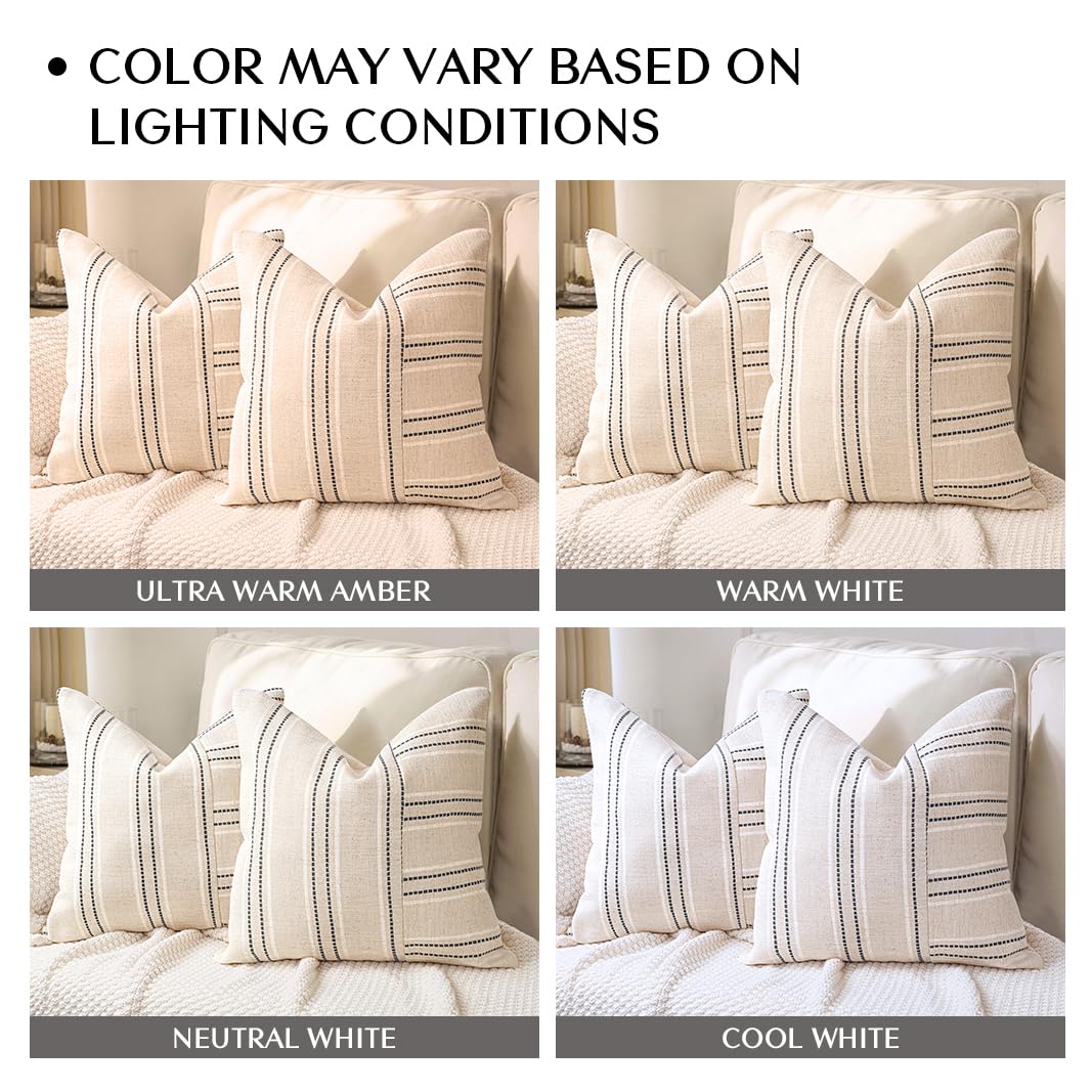 AELS 12x20 Decorative Farmhouse Linen Throw Pillow Covers, Boho Rectangle Lumbar Pillow Case, Set of 2, Beige with White & Gray Stripe Patchwork Cushion Cover for Sofa Couch Living Room (Cover ONLY)