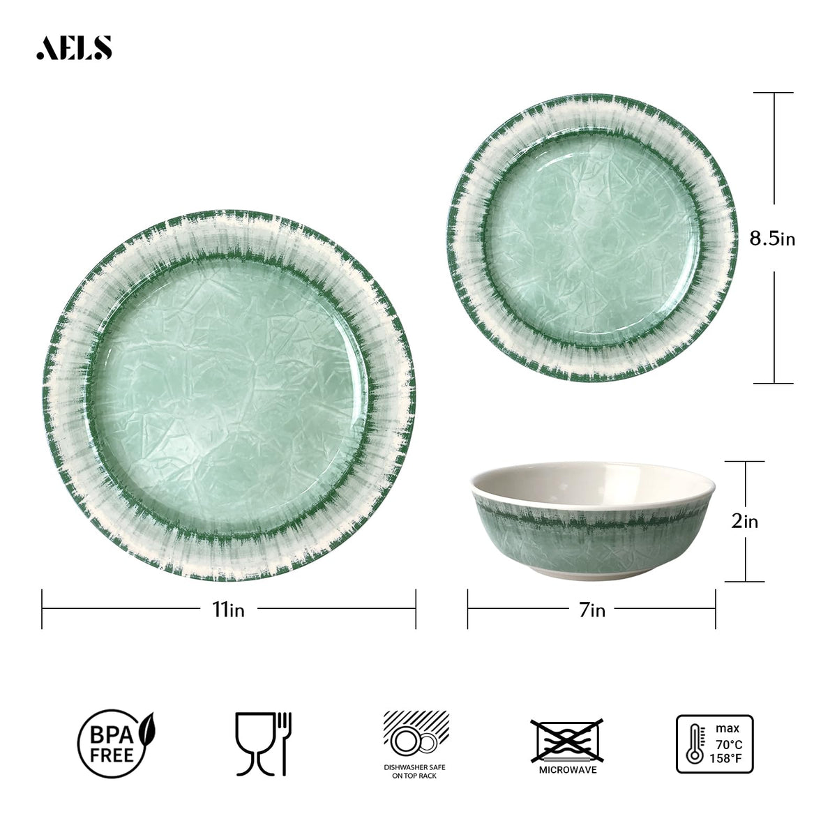 AELS Melamine Dinnerware Set of 18 Pcs Dinner Dishes Set, Lightweight Unbreakable for Indoor and Outdoor Use, BPA Free, Dishwasher Safe, Light Blue