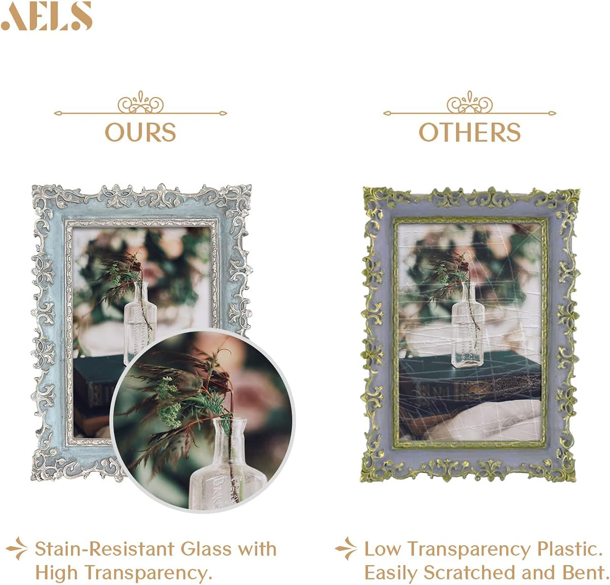 AELS 4x6 Inch Vintage Picture Frame, Elegant Antique Photo Frames with Glass Front, Photo Display, Tabletop Wall Hanging, Gift Ideas, Vine Pattern, Silver & Light Blue