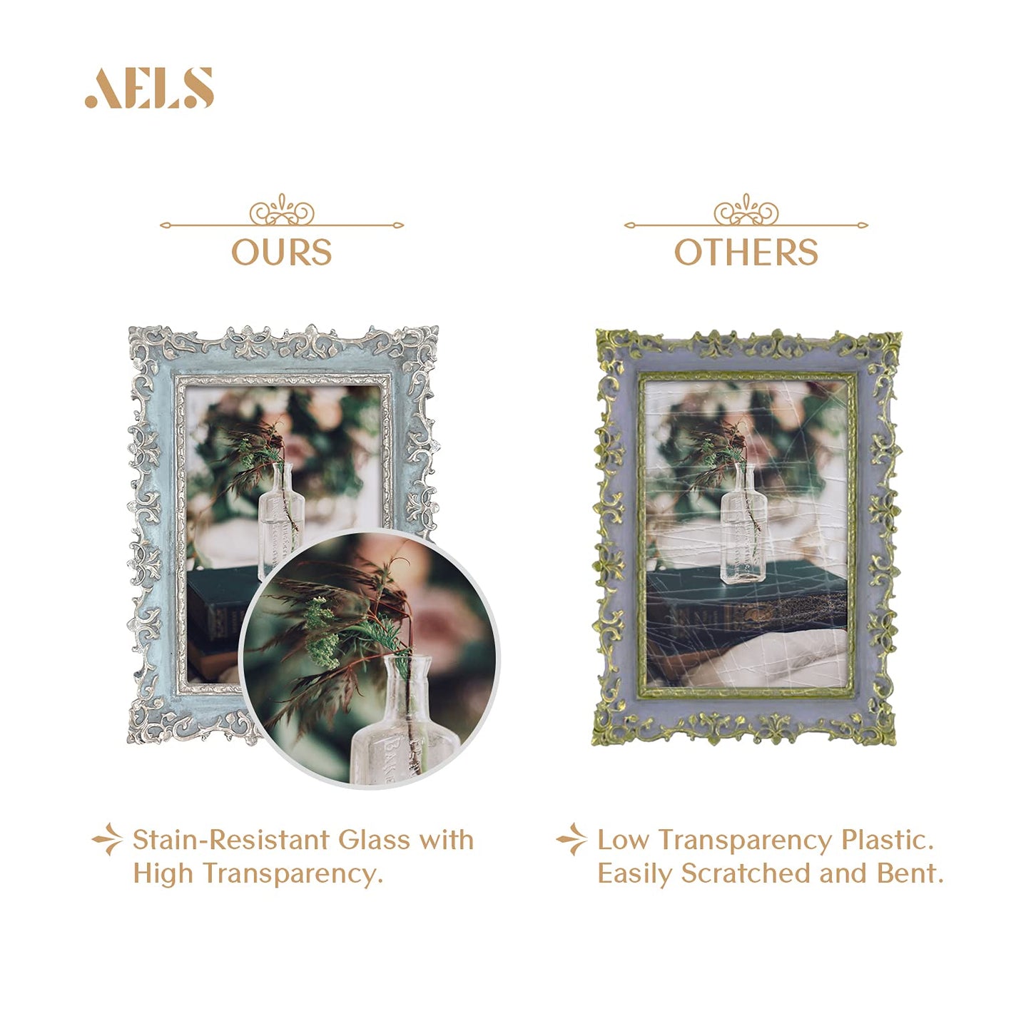 AELS 4x6 Inch Vintage Picture Frame, Elegant Antique Photo Frames with Glass Front, Photo Display, Tabletop Wall Hanging, Gift Ideas, Vine Pattern, Silver & Light Blue