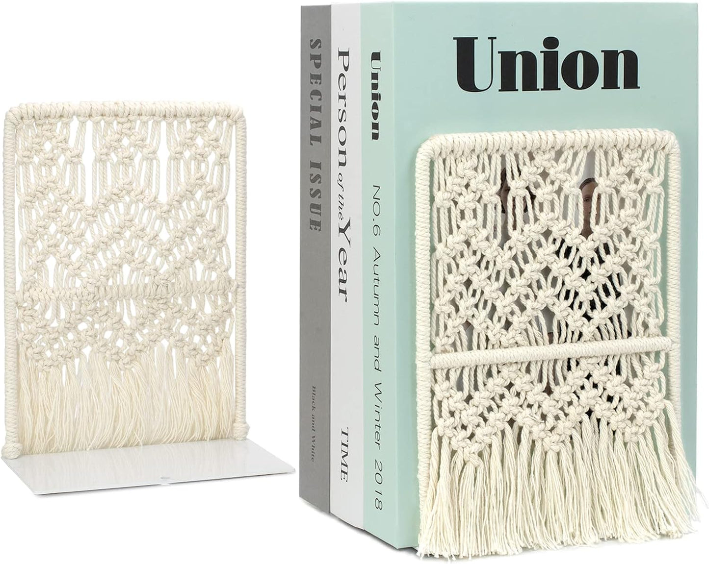 Boho Macrame Bookends, Heavy Duty Metal Book Ends, Decorative Unique Bookend Supports for Shelves, Stopper for Books/Movies/CD, Farmhouse Decoration,Thanksgiving for Friends