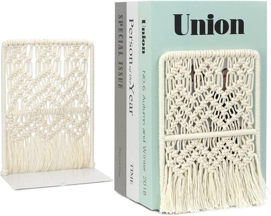 Boho Macrame Bookends, Heavy Duty Metal Book Ends, Decorative Unique Bookend Supports for Shelves, Stopper for Books/Movies/CD, Farmhouse Decoration,Thanksgiving for Friends