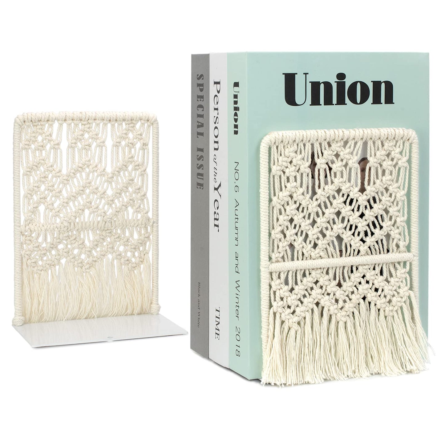 AELS Boho Macrame Bookends, Heavy Duty Metal Book Ends, Decorative Unique Bookend Supports for Shelves, Stopper for Books/Movies/CD, Farmhouse Decoration,Thanksgiving for Friends