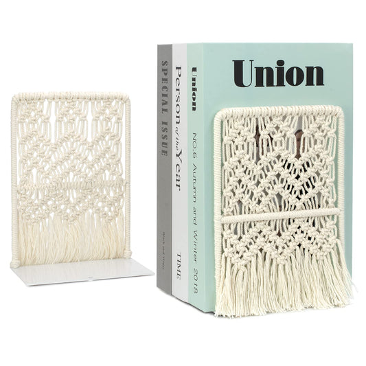 AELS Boho Macrame Bookends, Heavy Duty Metal Book Ends, Decorative Unique Bookend Supports for Shelves, Stopper for Books/Movies/CD, Farmhouse Decoration,Thanksgiving for Friends