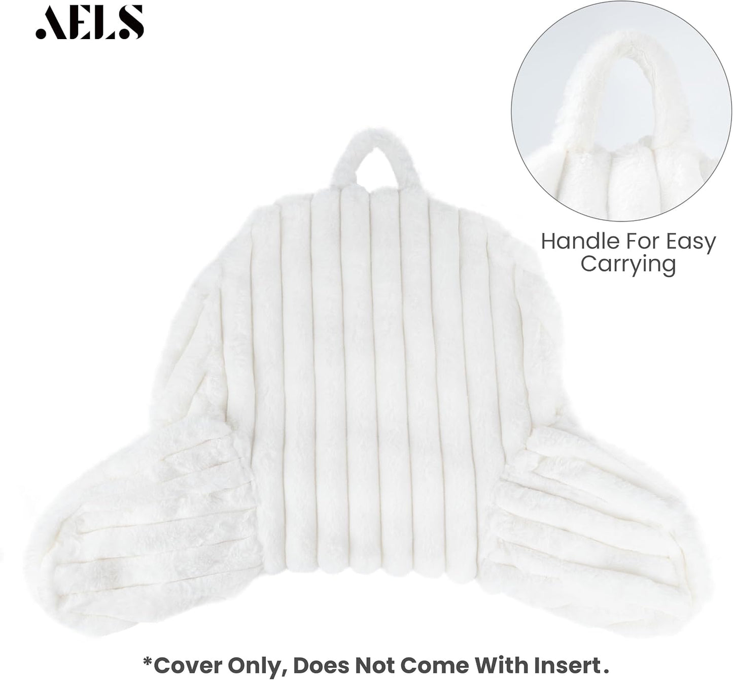 Large Reading Pillow Replacement Cover with Arms and Pockets (Cover ONLY), 18" Soft Faux Fur Striped Backrest Pillow Cover Fits Standard Size Reading Pillows, Cream White