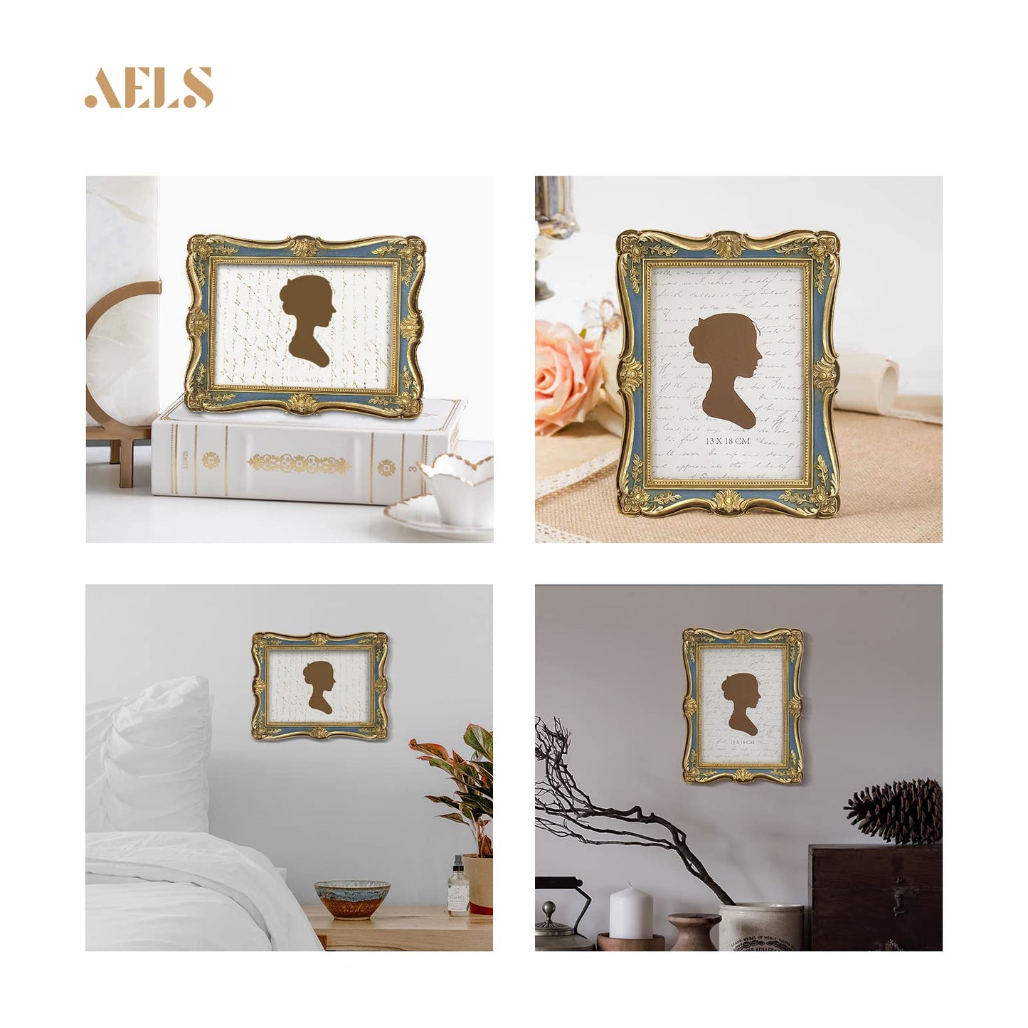 AELS 4x6 Inch Vintage Picture Frame, Elegant Antique Photo Frames with Glass Front, Photo Display, Tabletop Wall Hanging, Gift Ideas, Gold and Green