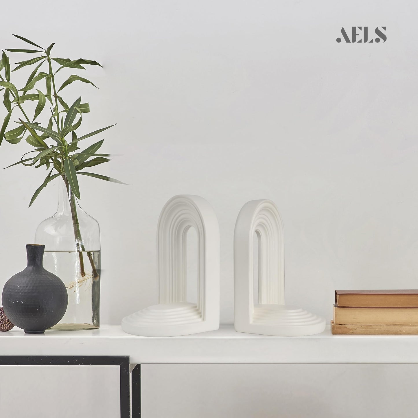 AELS Mordern Bookends, Mid Century Arch Heavy Duty Book Ends, Unique Decorative Bookend Supports for Shelves, Office Desktop Book Stand, Stopper for Books/Movies/CD, Cream