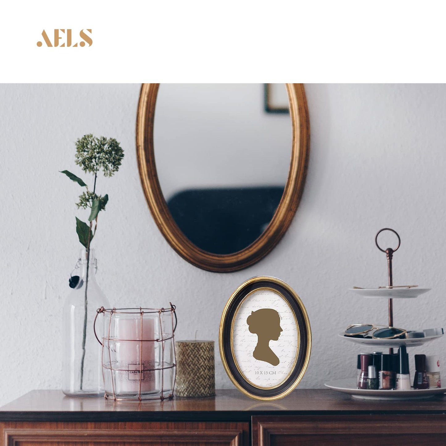 AELS 2.5x3.5 Inch Small Wallet Size Vintage Picture Frame, Elegant Antique Mini Photo Frames with Glass Front, Photo Display, Tabletop Wall Hanging, Gift Ideas, Black Oval with Gold Trim