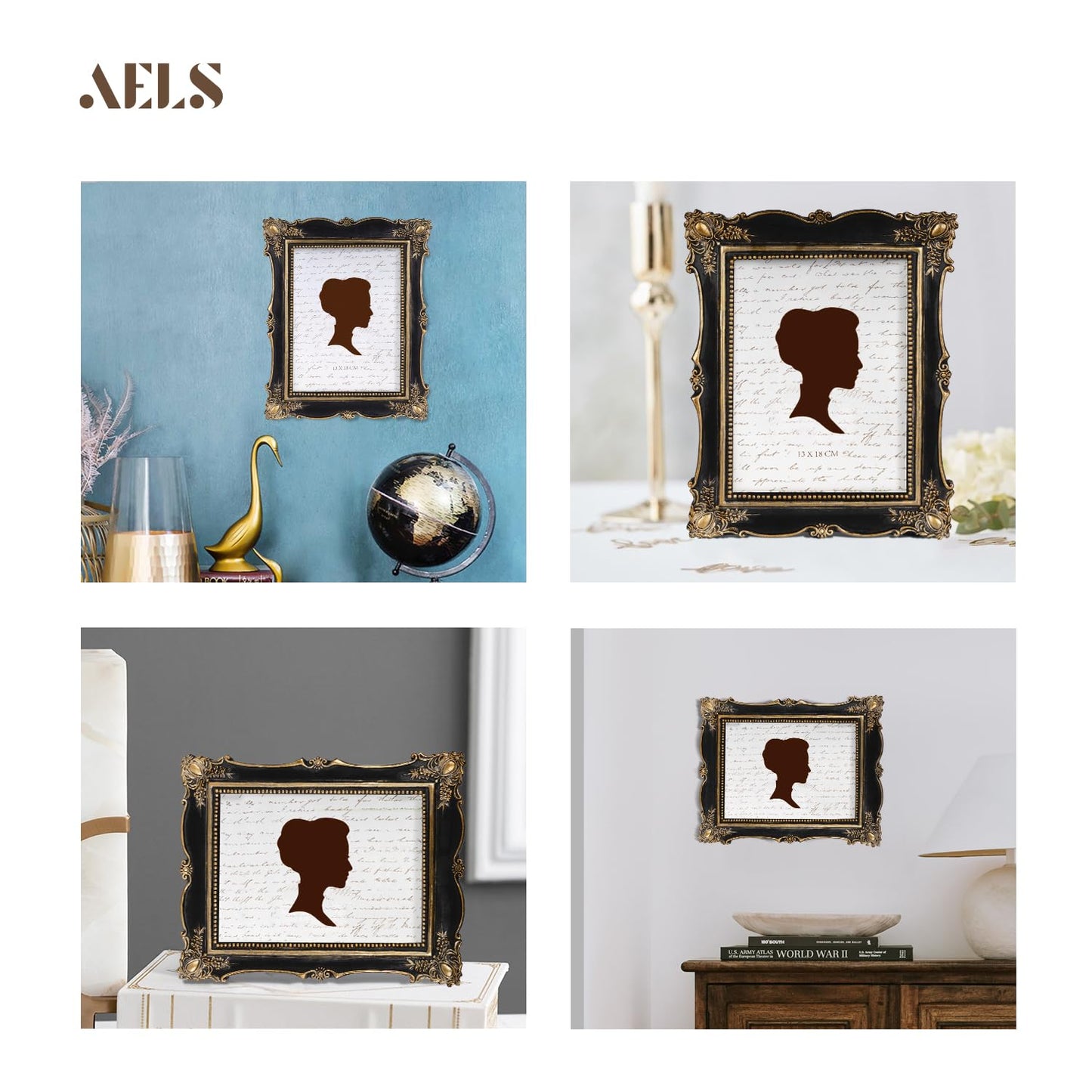 AELS 5x7 Inch Vintage Picture Frame, Elegant Antique Photo Frames with Glass Front, Photo Display, Tabletop Wall Hanging, Gift Ideas, Gold and Black