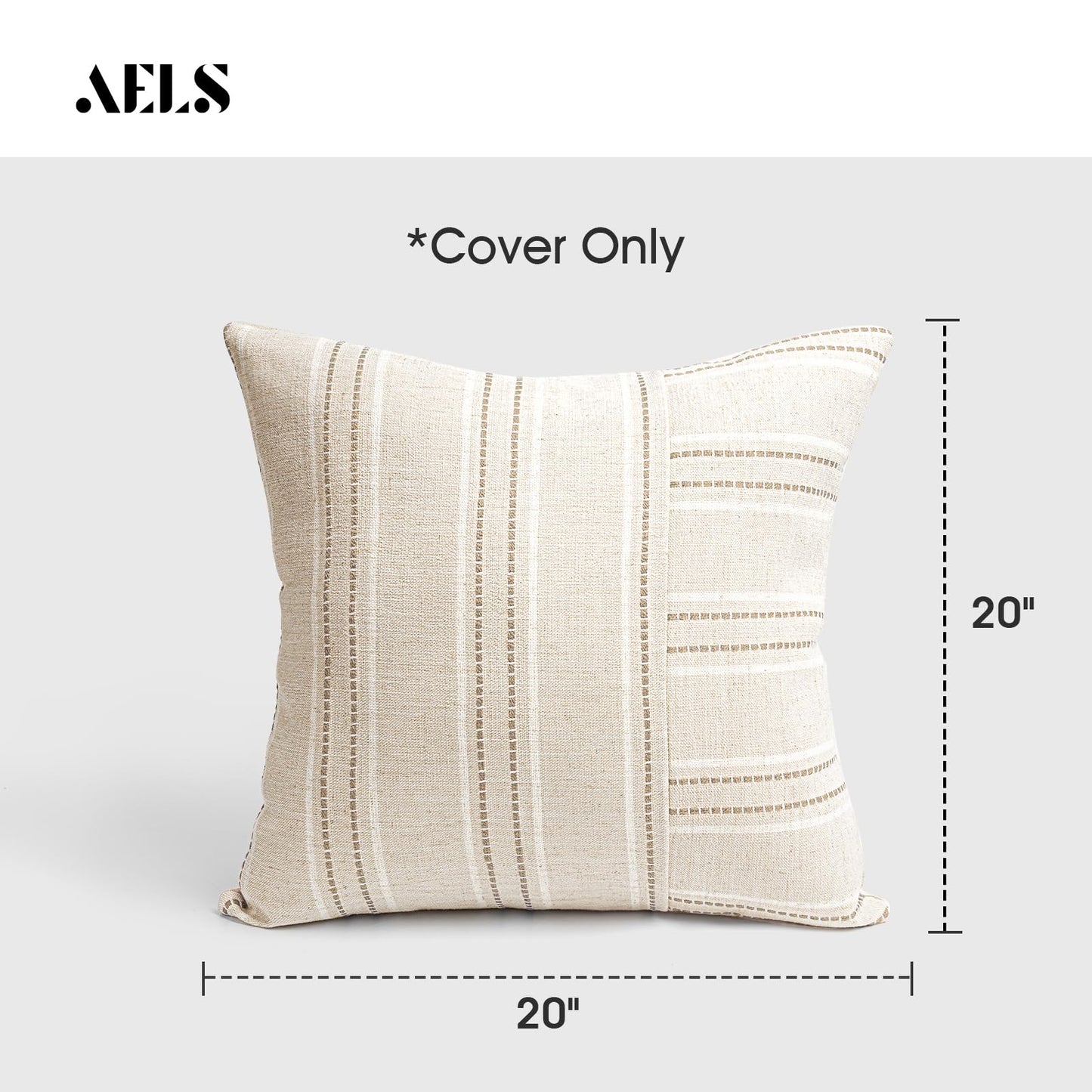AELS 12x20 Decorative Farmhouse Linen Throw Pillow Covers, Boho Rectangle Lumbar Pillow Case, Set of 2, Beige with White & Gray Stripe Patchwork Cushion Cover for Sofa Couch Living Room (Cover ONLY)