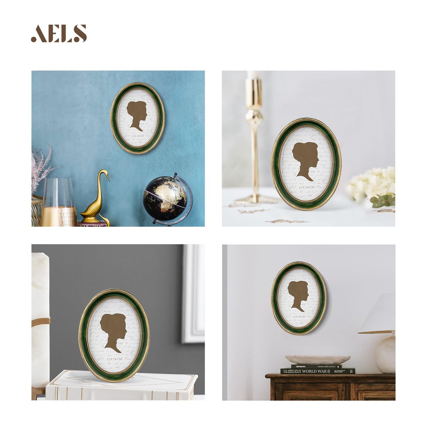 AELS 2.5x3.5 Inch Small Wallet Size Vintage Picture Frame, Elegant Antique Mini Photo Frames with Glass Front, Photo Display, Tabletop Wall Hanging, Gift Ideas, Black Oval with Gold Trim