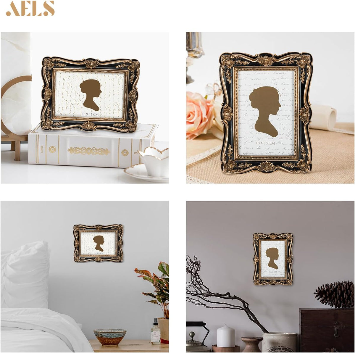 AELS 4x6 Inch Vintage Picture Frame, Elegant Antique Photo Frames with Glass Front, Photo Display, Tabletop Wall Hanging, Gift Ideas, Gold and Black