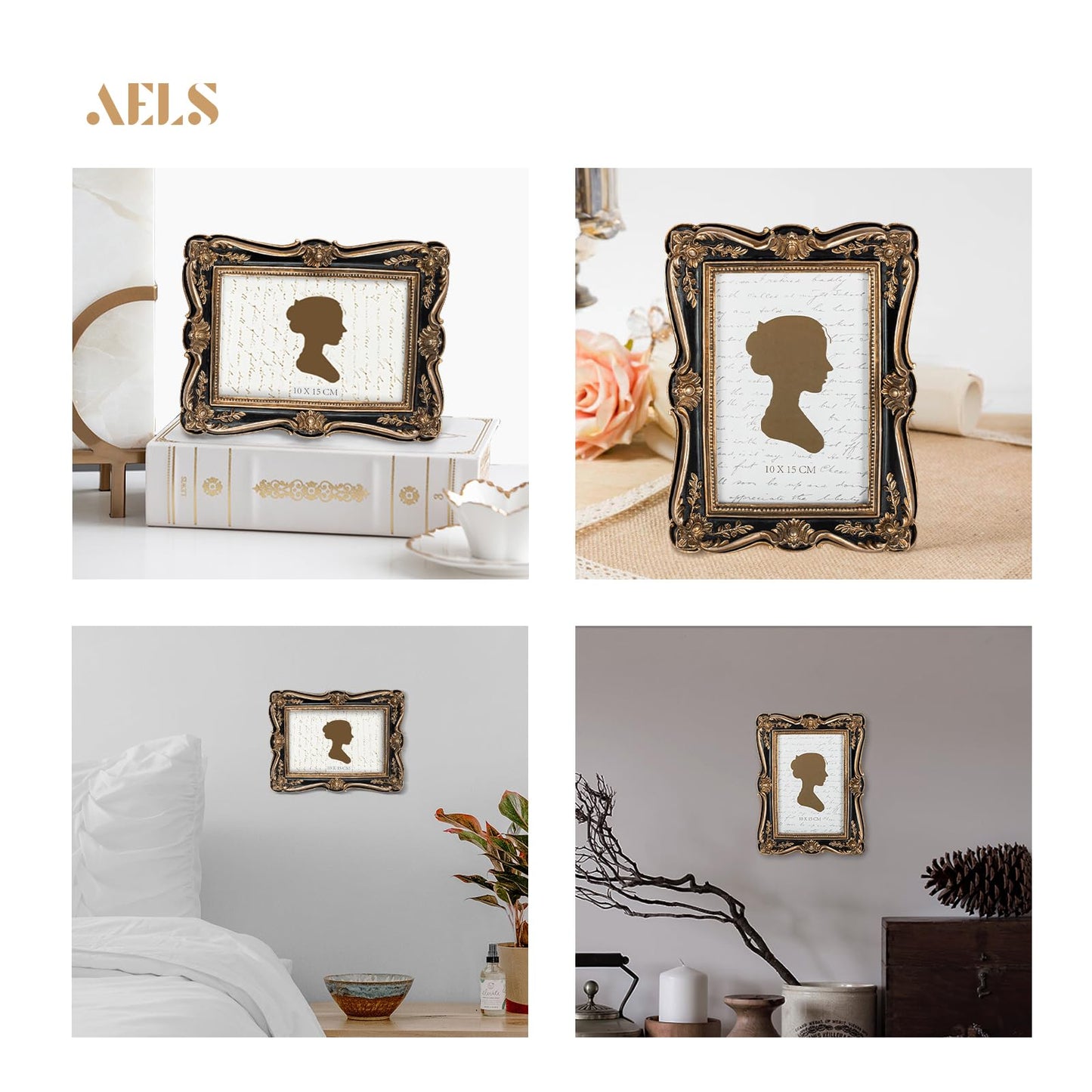 AELS 4x6 Inch Vintage Picture Frame, Elegant Antique Photo Frames with Glass Front, Photo Display, Tabletop Wall Hanging, Gift Ideas, Gold and Green