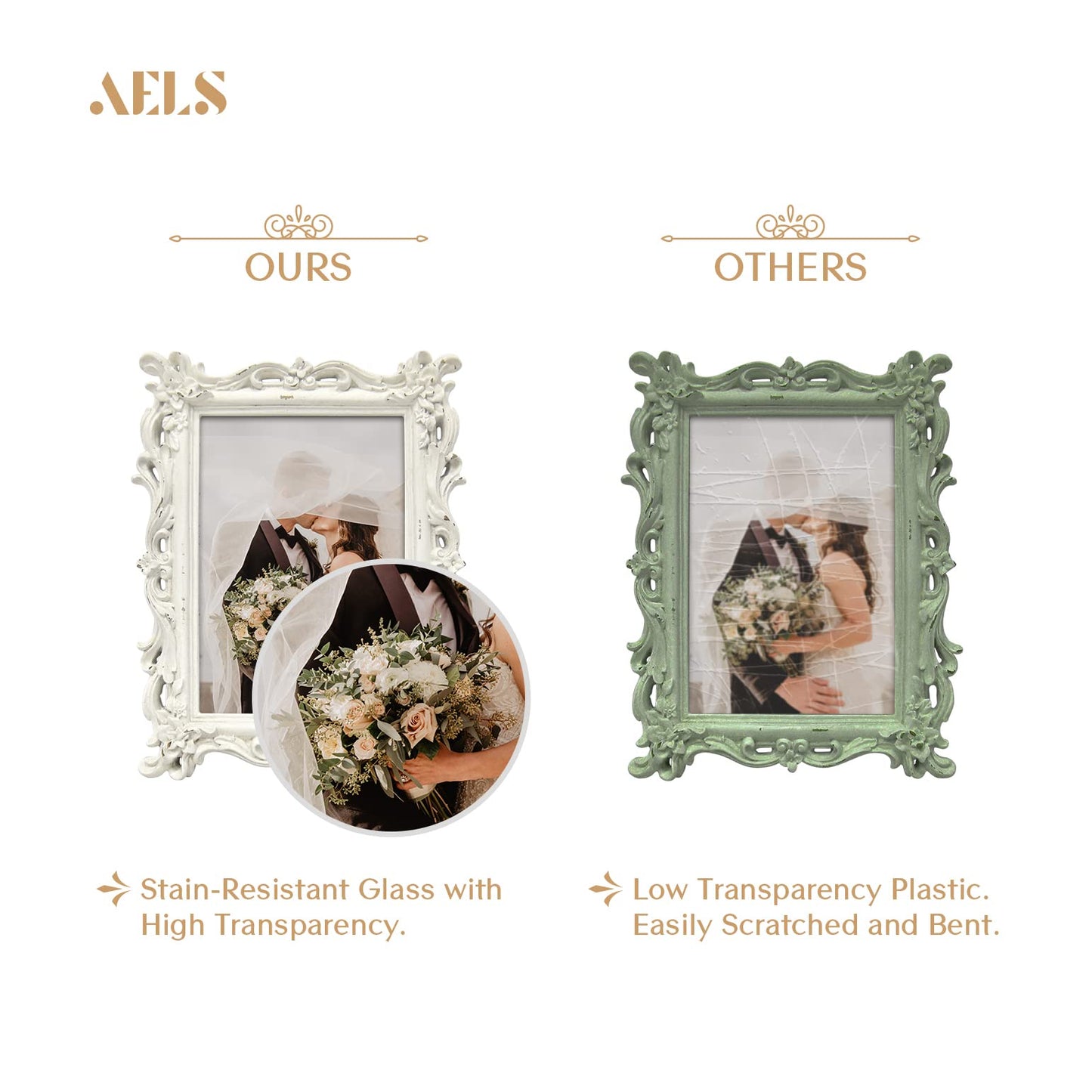 AELS Vintage Picture Frame, Elegant Antique Photo Frames with Glass Front, Photo Display, Tabletop Wall Hanging, Gift Ideas, White Waves (4X6 inch)