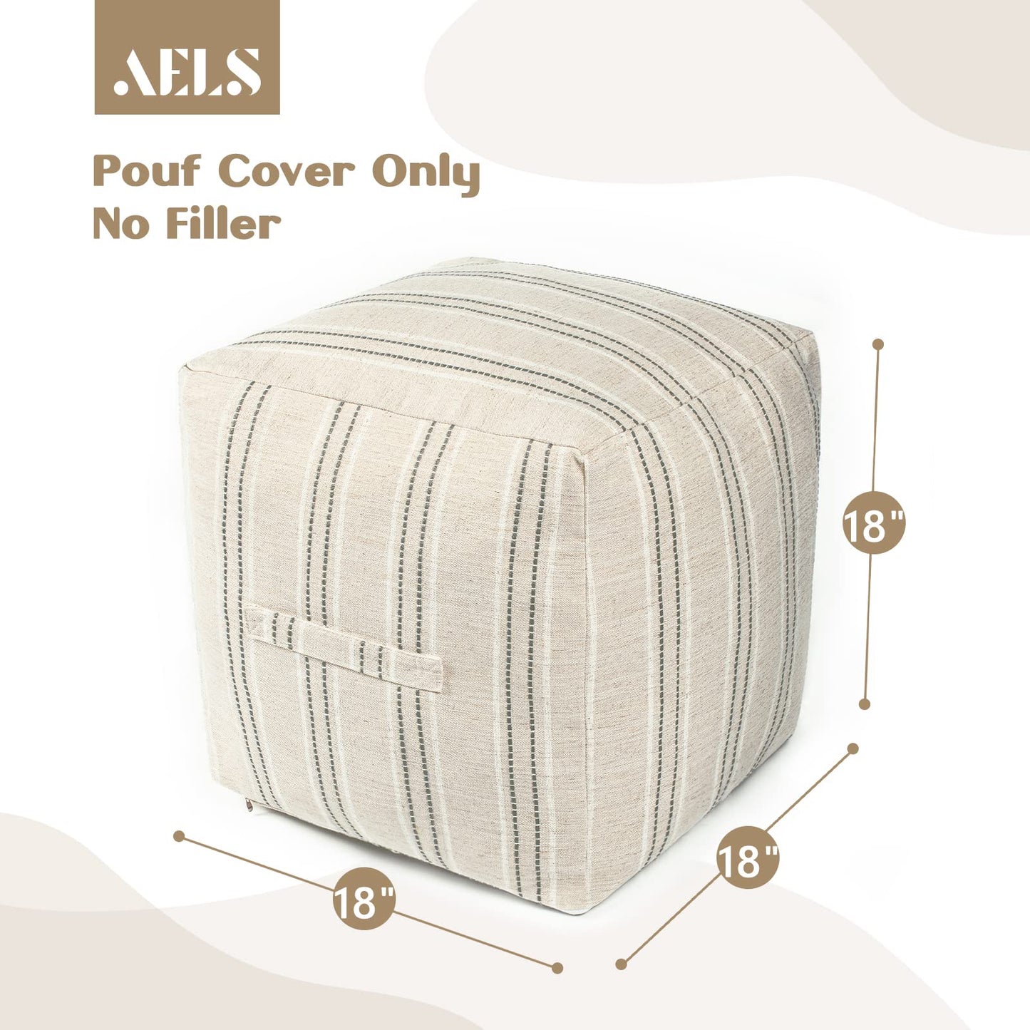 AELS Unstuffed Farmhouse Pouf Cover for Living Room, Boho Storage Bean Bag Cubes, Beige with Brown Stitch Yarn Dyed Stripe Square Ottoman Pouf Foot Rest Footstool, 18"x18"x18", Cover ONLY