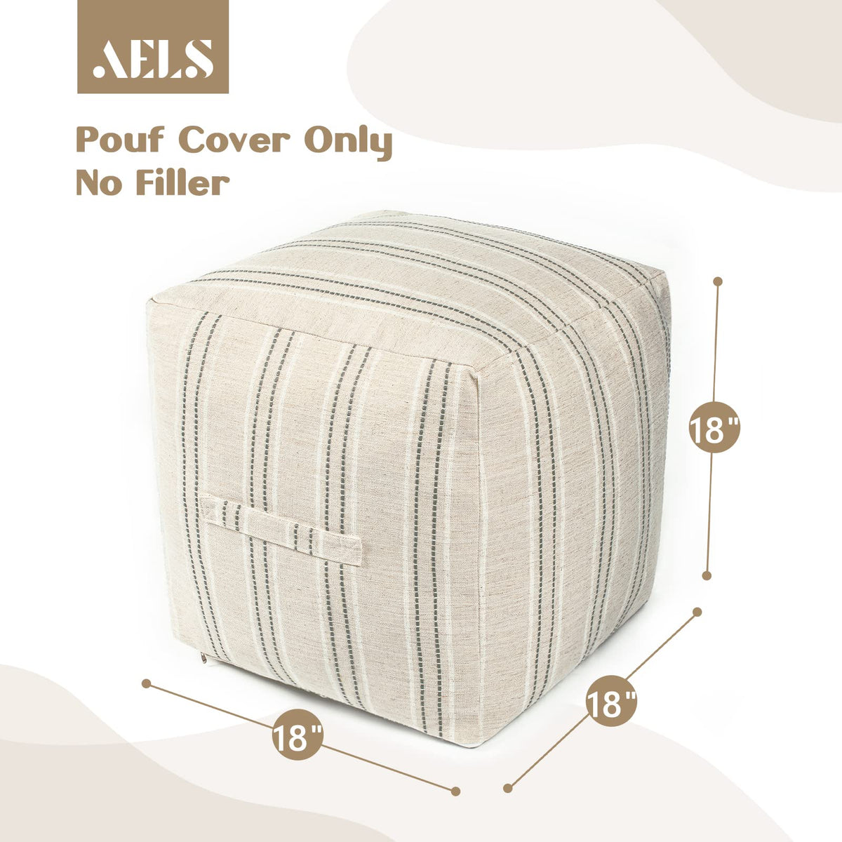 AELS Unstuffed Farmhouse Pouf Cover for Living Room, Boho Storage Bean Bag Cubes, Beige with Navy Blue Stitch Yarn Dyed Stripe Square Ottoman Pouf Foot Rest Footstool, 18"x18"x18", Cover ONLY