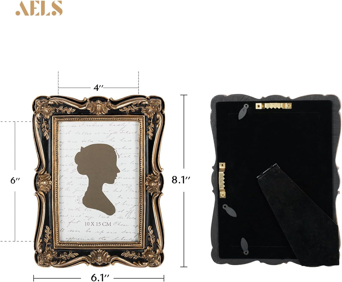 AELS 4x6 Inch Vintage Picture Frame, Elegant Antique Photo Frames with Glass Front, Photo Display, Tabletop Wall Hanging, Gift Ideas, Gold and Black