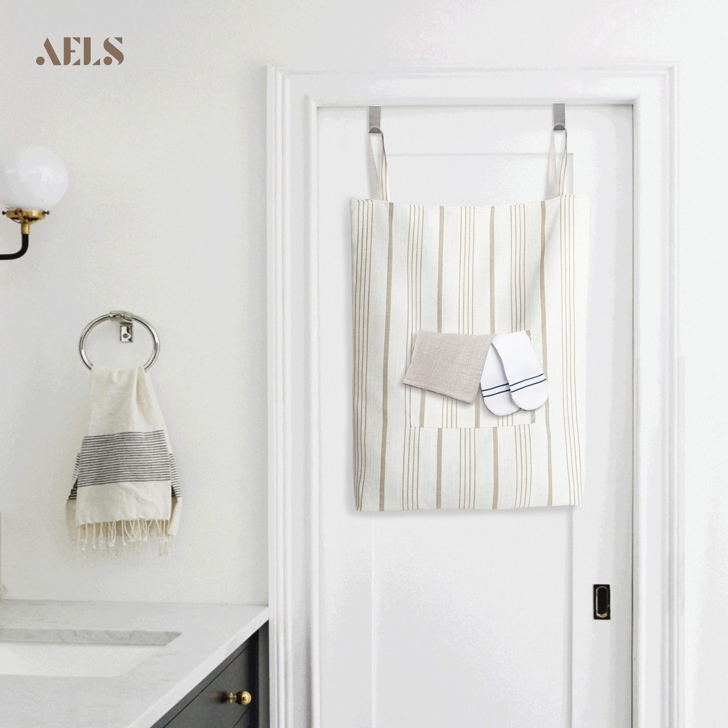 Farmhouse Hanging Laundry Hamper with 2 Hooks, Washable Beige & Stripes Laundry Bag with Zipper & Wide Open Top, Over the Door Organizer for Dirty Clothes, Space Saving Storage
