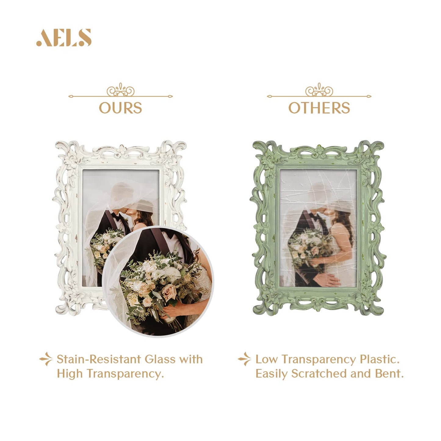 AELS Vintage Picture Frame, Elegant Antique Photo Frames with Glass Front, Photo Display, Tabletop Wall Hanging, Gift Ideas, White Waves (4X6 inch)