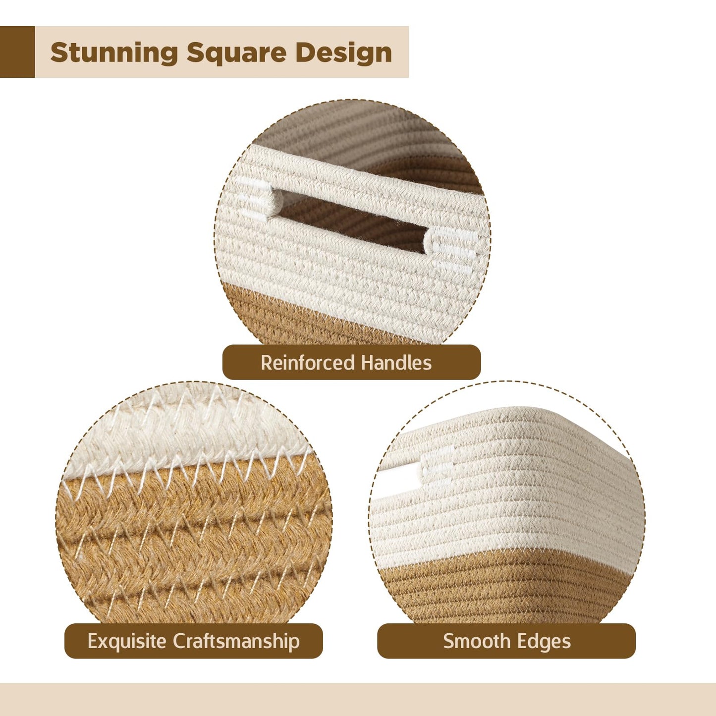 Hand Woven Cotton Basket for Storage, Cube Storage Bins with Handles, Foldable Collapsible Closet Organizers and Storage, Boho Farmhouse Storage Cubes for Shelves, Beige