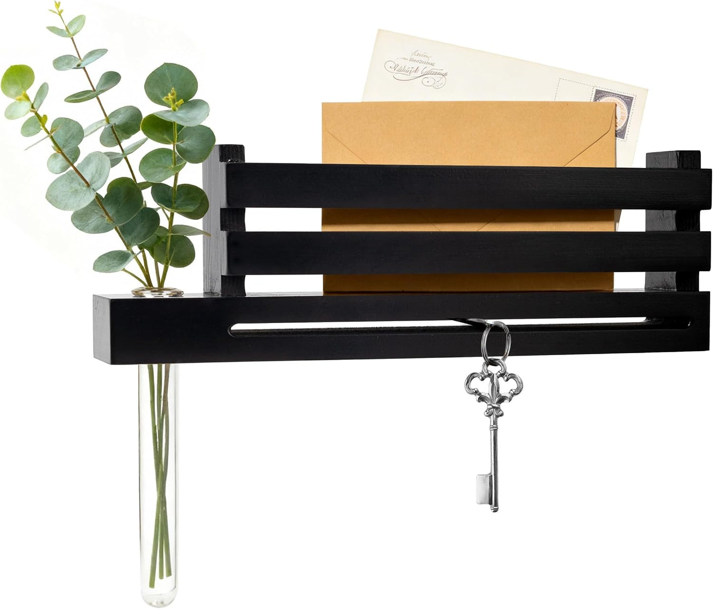Black Wall Mounted Key Holder with Acrylic Vase & Mail Organizer, Wooden Entryway Key Rack with 5.9" Test Tube Vase, Decorative Key Hanger with Slot for Keys and Letters, Gift Idea