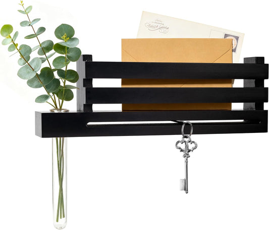Black Wall Mounted Key Holder with Acrylic Vase & Mail Organizer, Wooden Entryway Key Rack with 5.9" Test Tube Vase, Decorative Key Hanger with Slot for Keys and Letters, Gift Idea