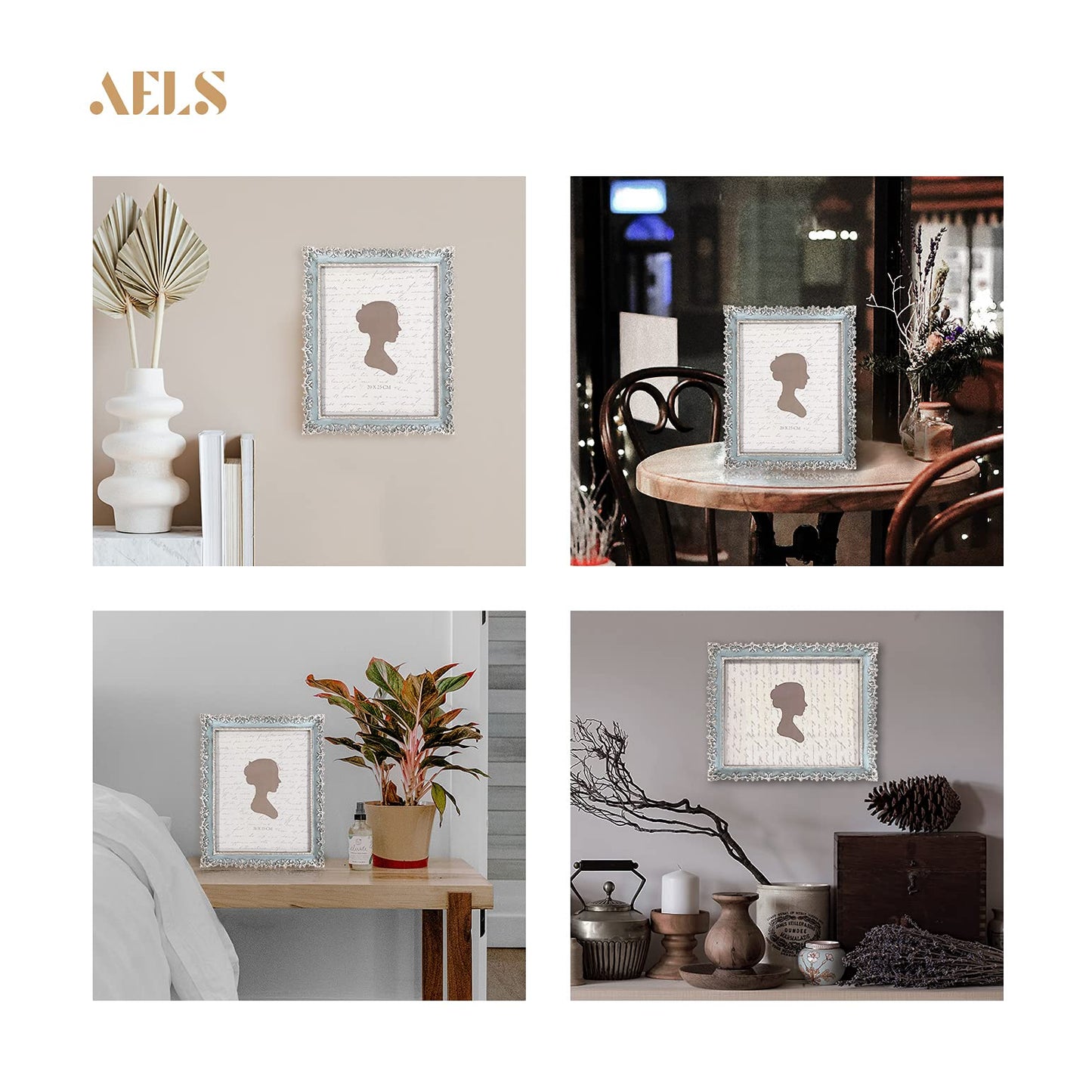AELS 4x6 Inch Vintage Picture Frame, Elegant Antique Photo Frames with Glass Front, Photo Display, Tabletop Wall Hanging, Gift Ideas, Vine Pattern, Silver & Light Blue