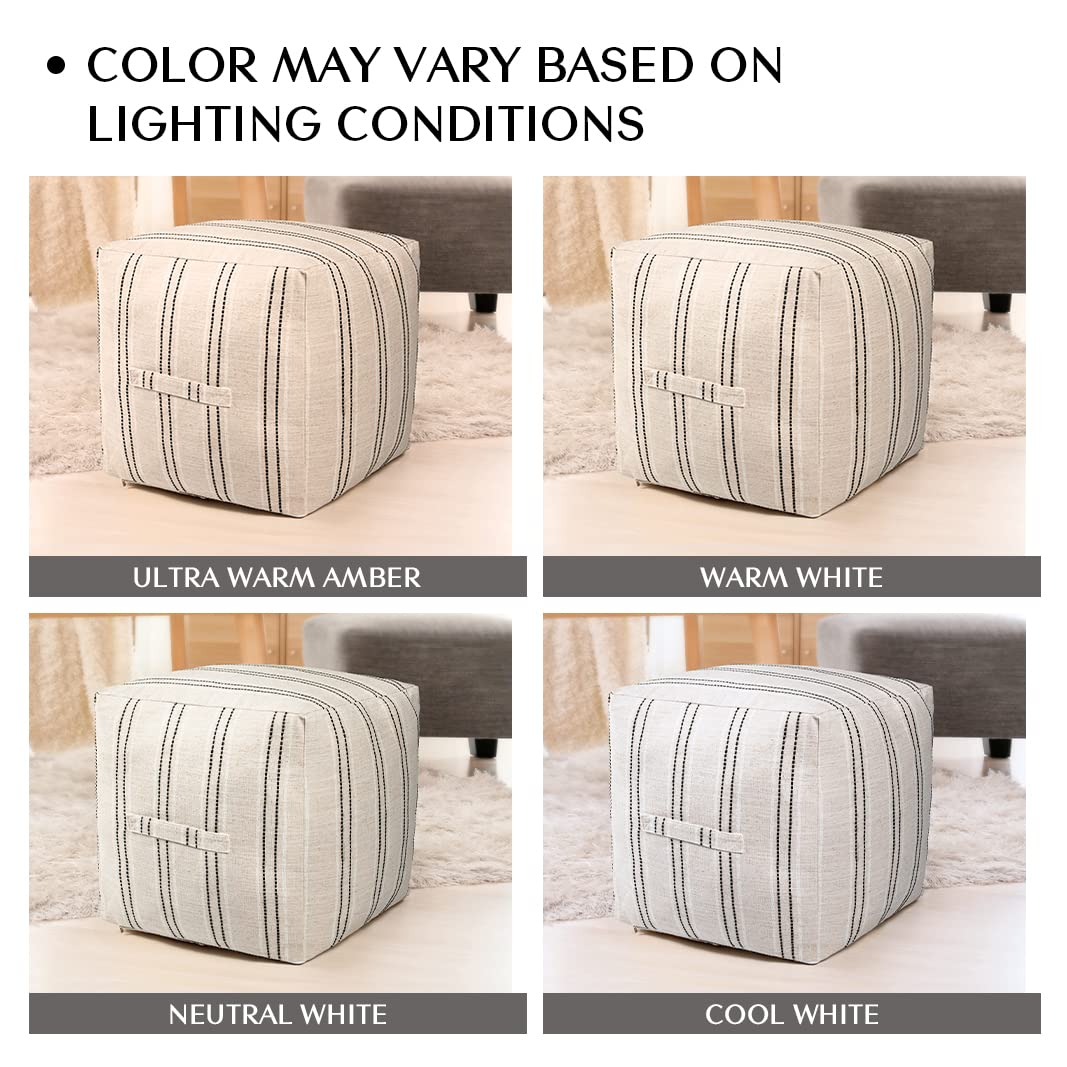 Unstuffed Farmhouse Pouf Cover for Living Room, Boho Storage Bean Bag Cubes, Beige with Brown Stitch Yarn Dyed Stripe Square Ottoman Pouf Foot Rest Footstool, 18"x18"x18", Cover ONLY