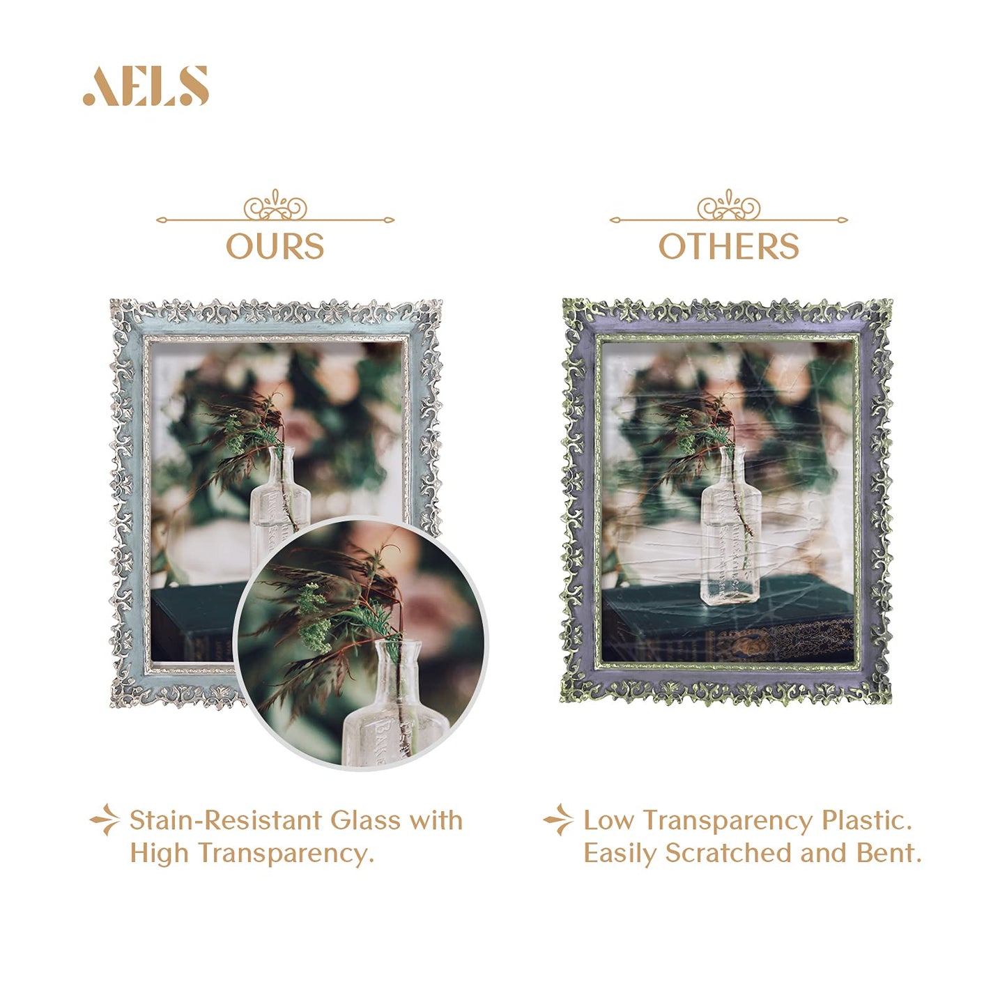 AELS 4x6 Inch Vintage Picture Frame, Elegant Antique Photo Frames with Glass Front, Photo Display, Tabletop Wall Hanging, Gift Ideas, Vine Pattern, Silver & Light Blue