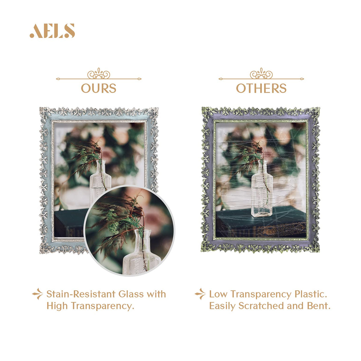 AELS 4x6 Inch Vintage Picture Frame, Elegant Antique Photo Frames with Glass Front, Photo Display, Tabletop Wall Hanging, Gift Ideas, Vine Pattern, Silver & Light Blue