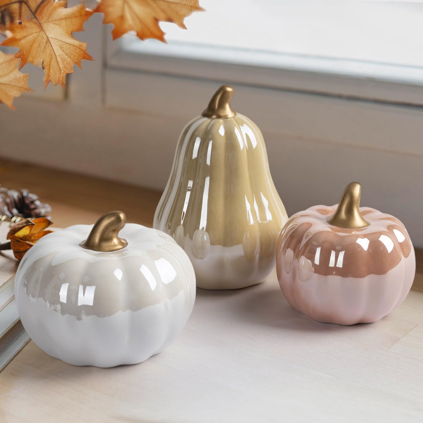 AELS 5.9" Tall Modern Farmhouse Pumpkins Fall Decor Indoor, Set of 2 Elegant Tabletop Decorations, Resin Artificial Pumpkins Decor for Fall Table Runner, Office, Holiday Party Home, White