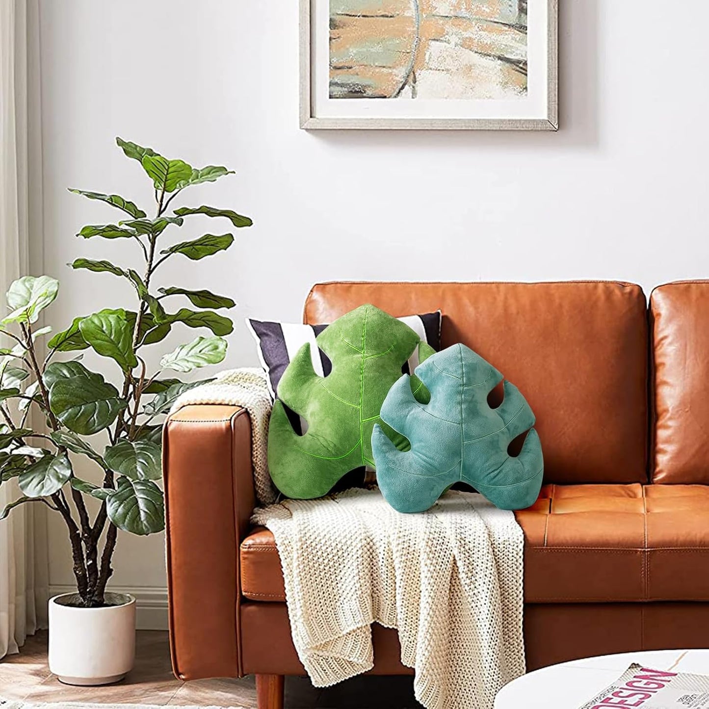 AELS Set of 2 3D Leaves Decorative Throw Pillows, 18"& 14" Monstera Deliciosa Plush Pillow Set for Plant Lovers Garden Lovers, Living Room Bedroom Nursery Decor, Bluish Green & Light Green