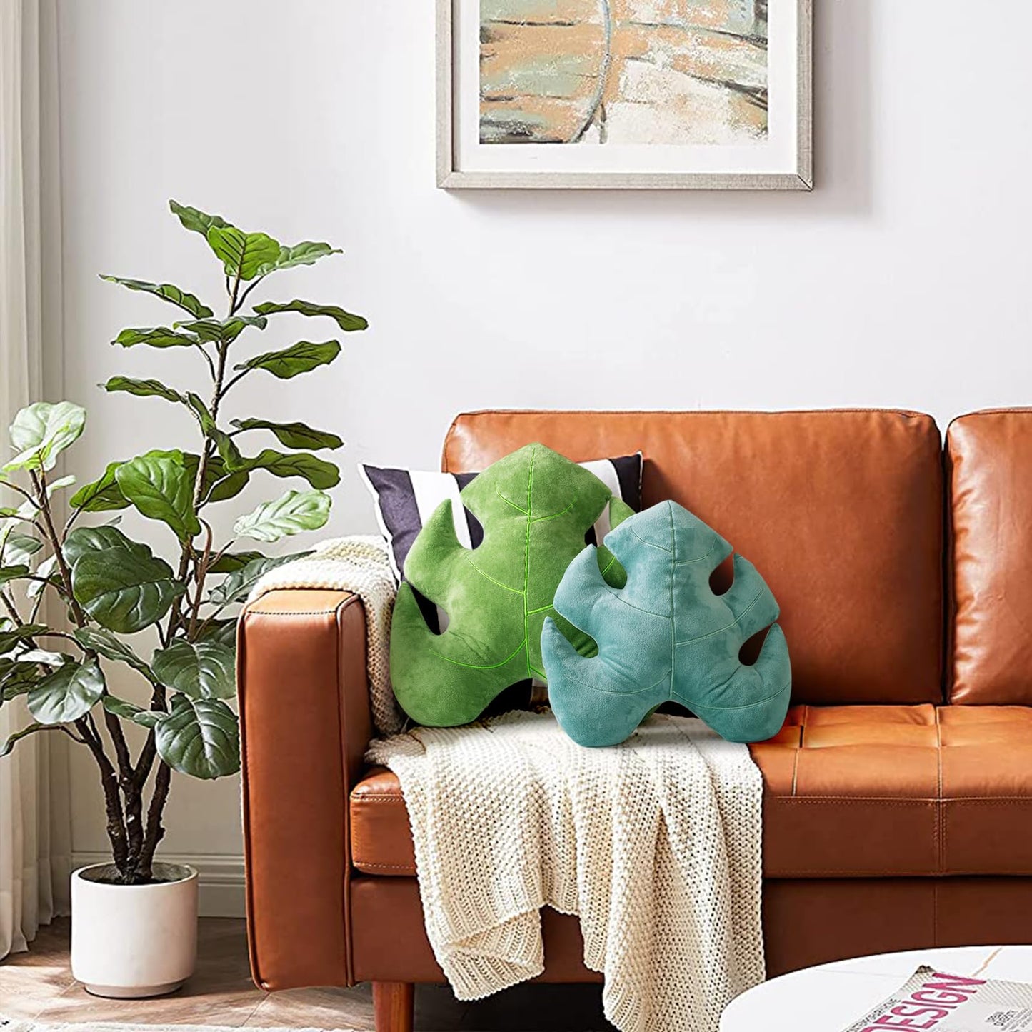 AELS Set of 2 3D Leaves Decorative Throw Pillows, 18"& 14" Monstera Deliciosa Plush Pillow Set for Plant Lovers Garden Lovers, Living Room Bedroom Nursery Decor, Bluish Green & Light Green