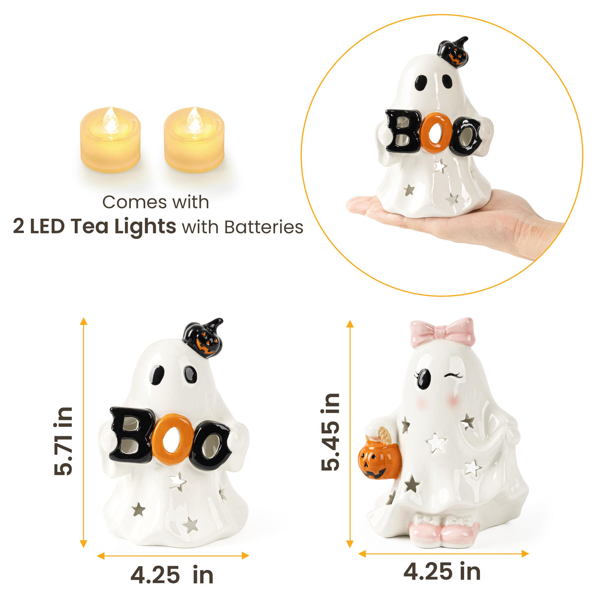AELS Ceramic Ghost Candle Holder Set of 3, Halloween Tea Light Decor